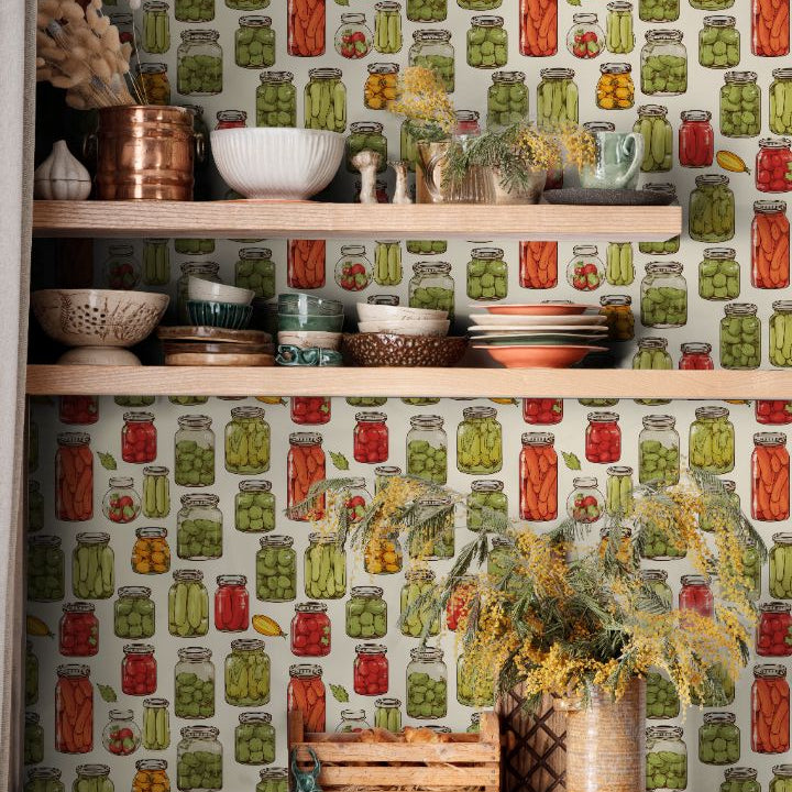 rustic pantry shelves styled with vintage canning jar wallpaper 2138