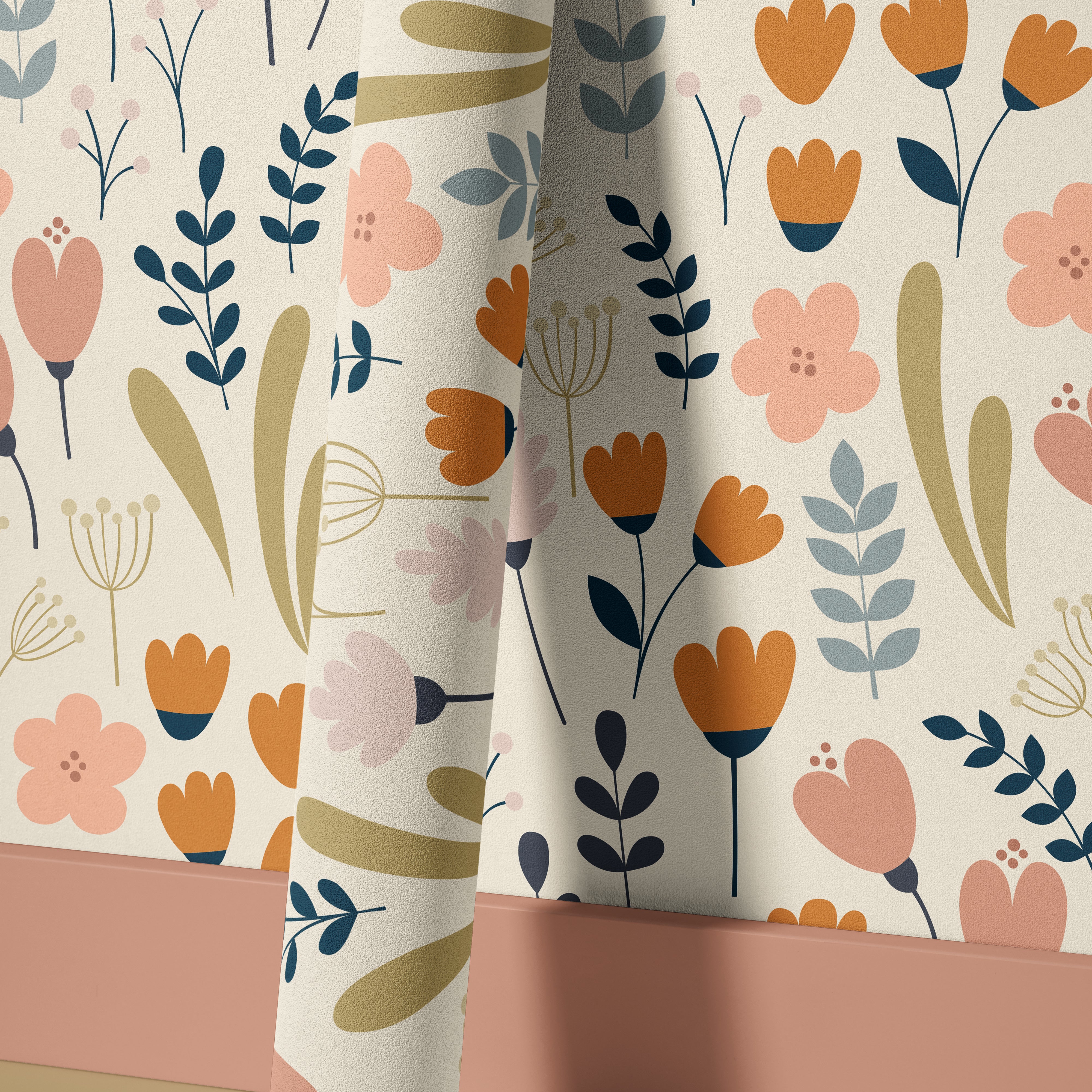 close view of pocketful of posies wallpaper roll showing hand drawn blooms leaves and warm cream
background