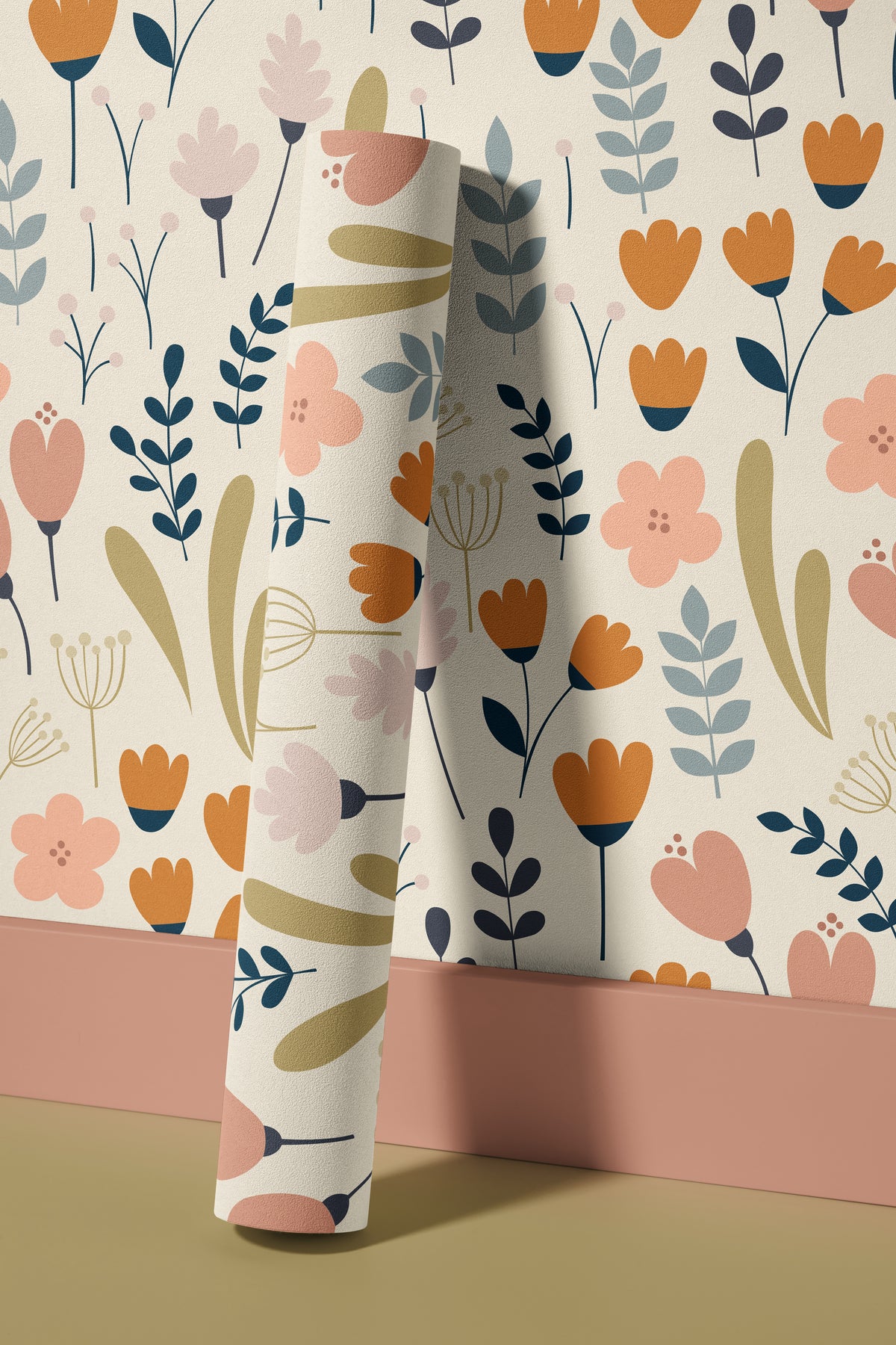 close view of pocketful of posies wallpaper roll showing hand drawn blooms leaves and warm cream
background