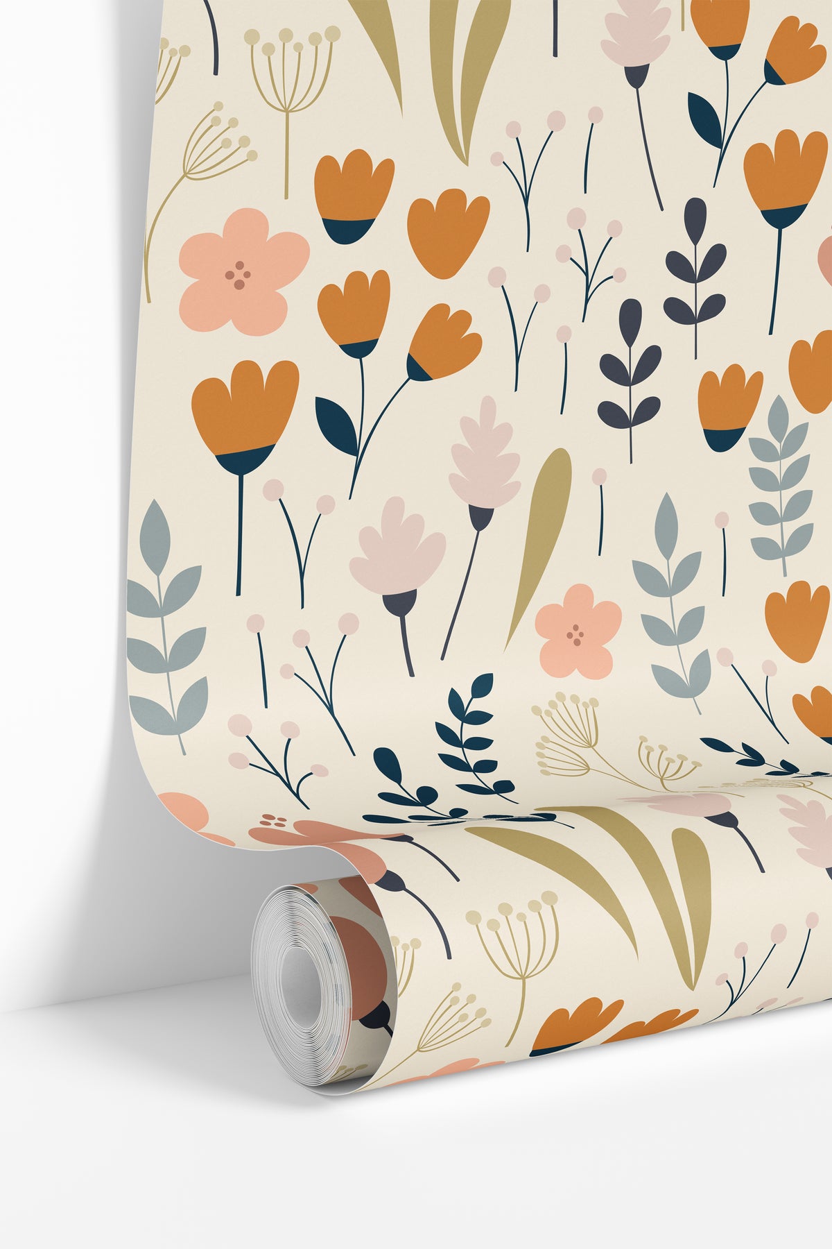 roll of pocketful of posies wallpaper with peach mustard blue gray olive flowers on warm cream ground