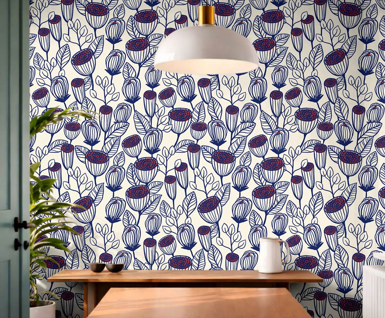 blue botanical pod wallpaper with structured stems