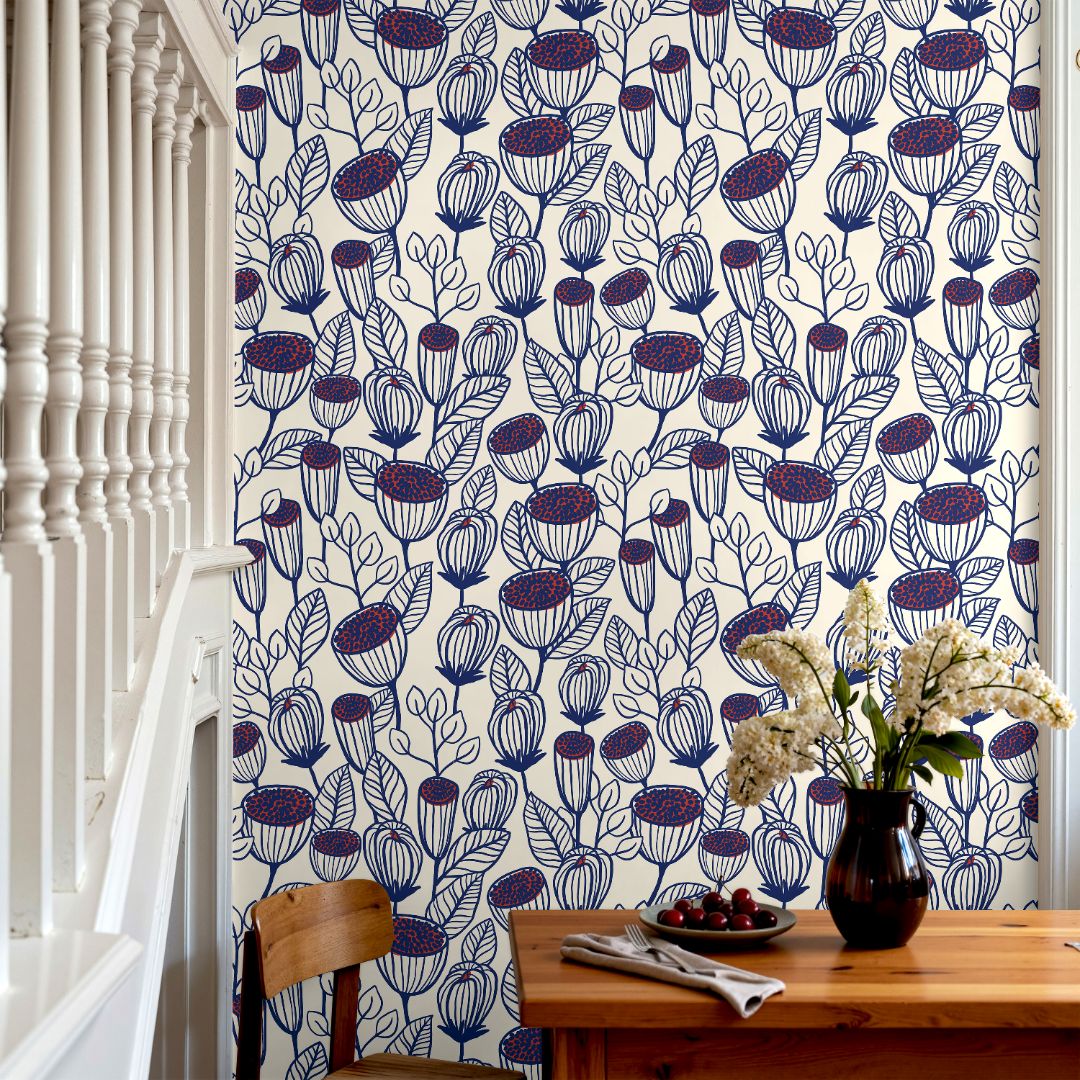 blue stem floral wallpaper pattern
