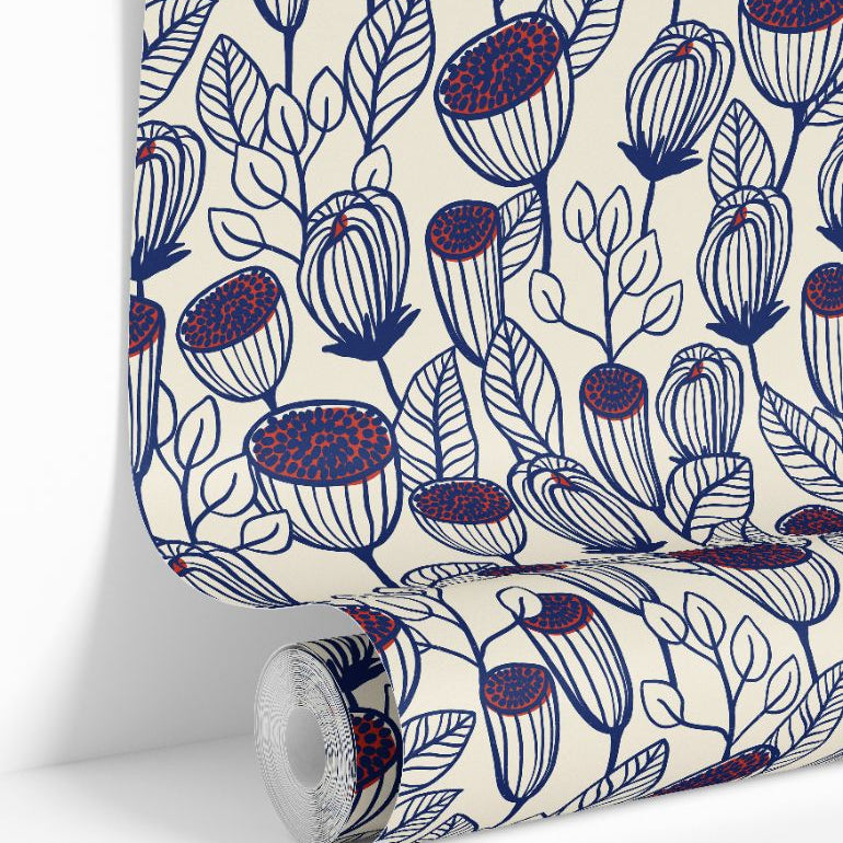 blue line botanical wallpaper with pod flowers