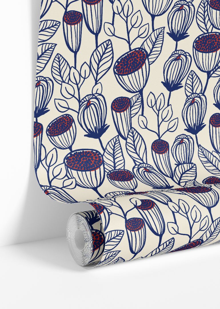 blue line botanical wallpaper with pod flowers