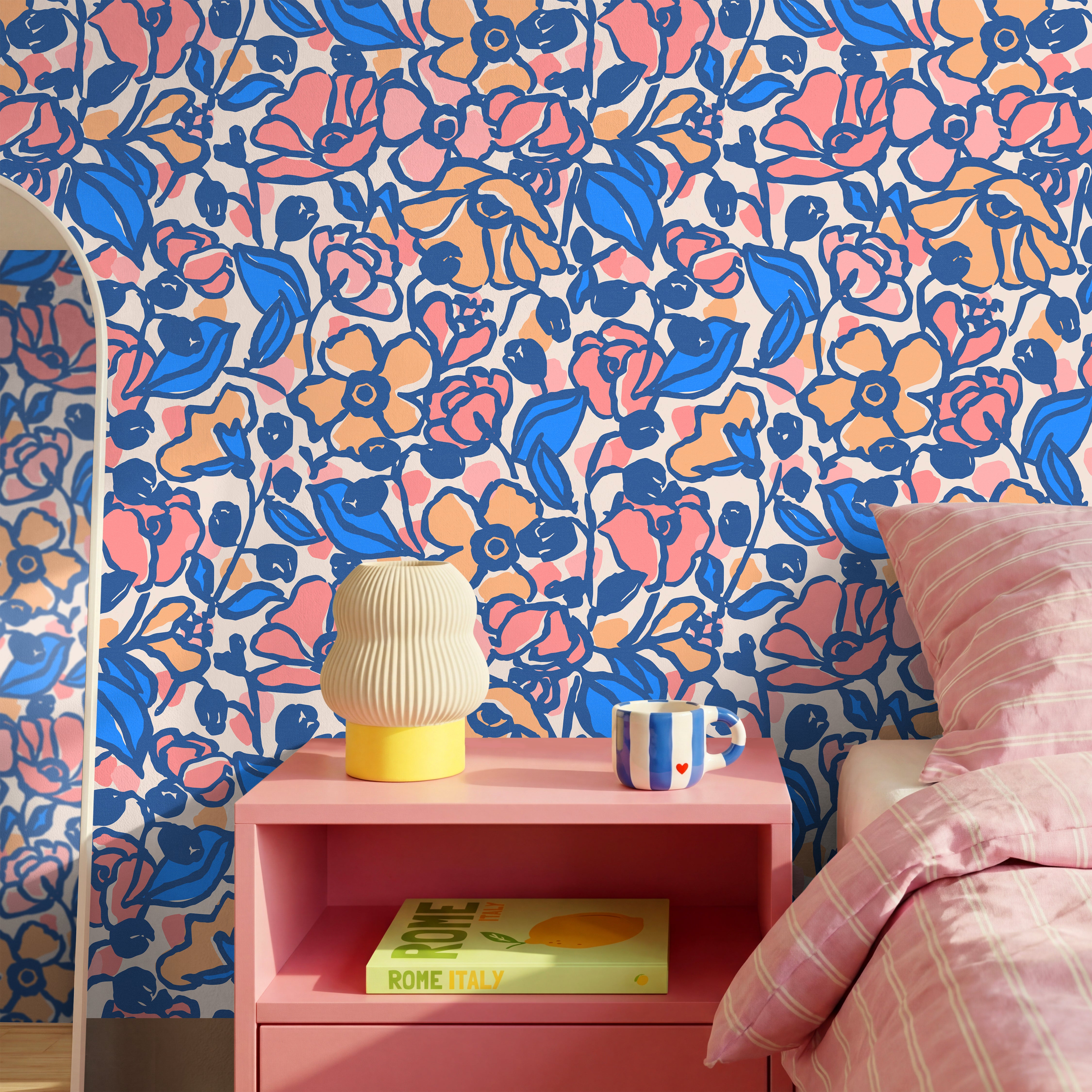 Bold retro-inspired floral wallpaper with blue and peach botanical pattern in a bright modern girls bedroom