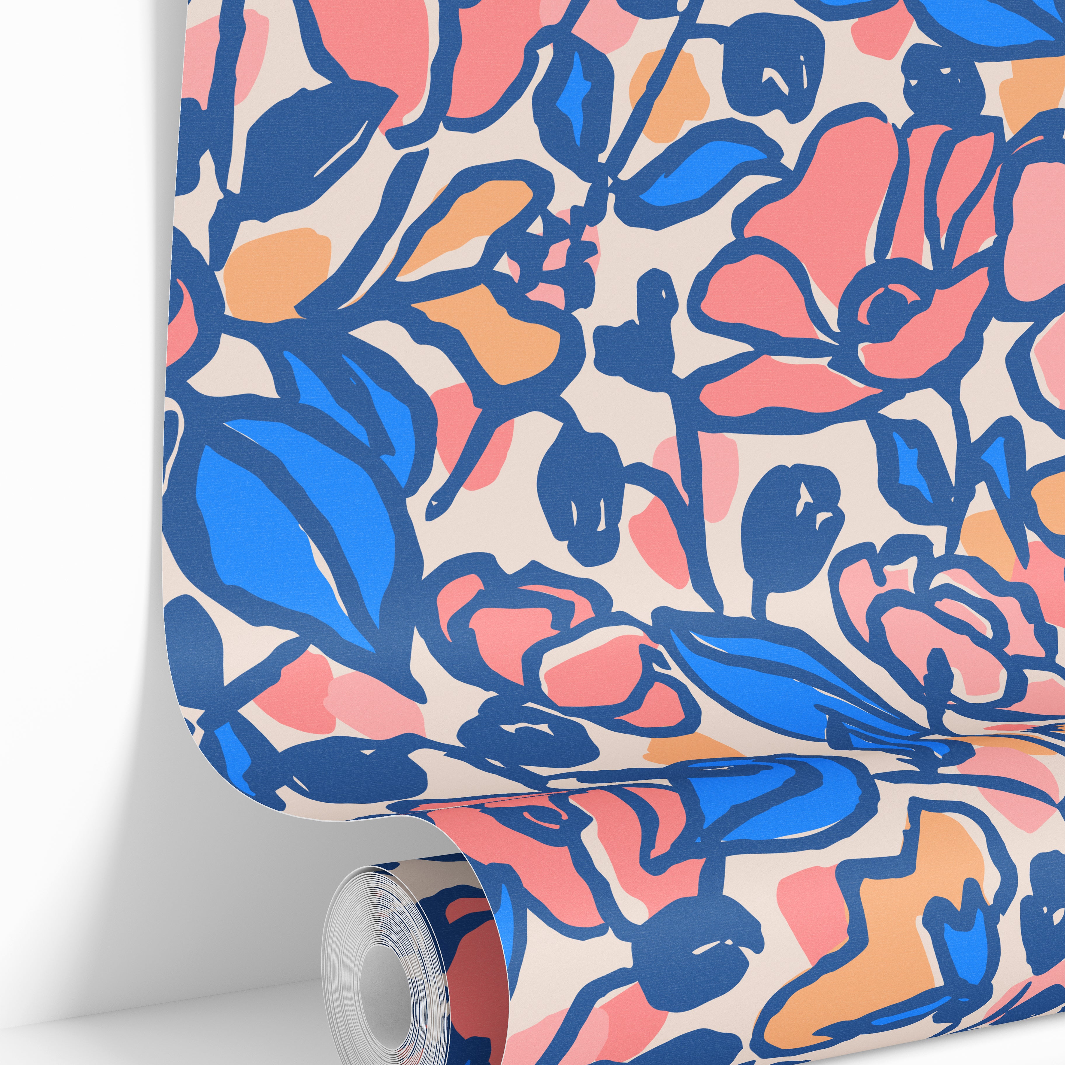 Roll view of colorful floral wallpaper with cobalt blue, blush pink, and peach botanical pattern design.