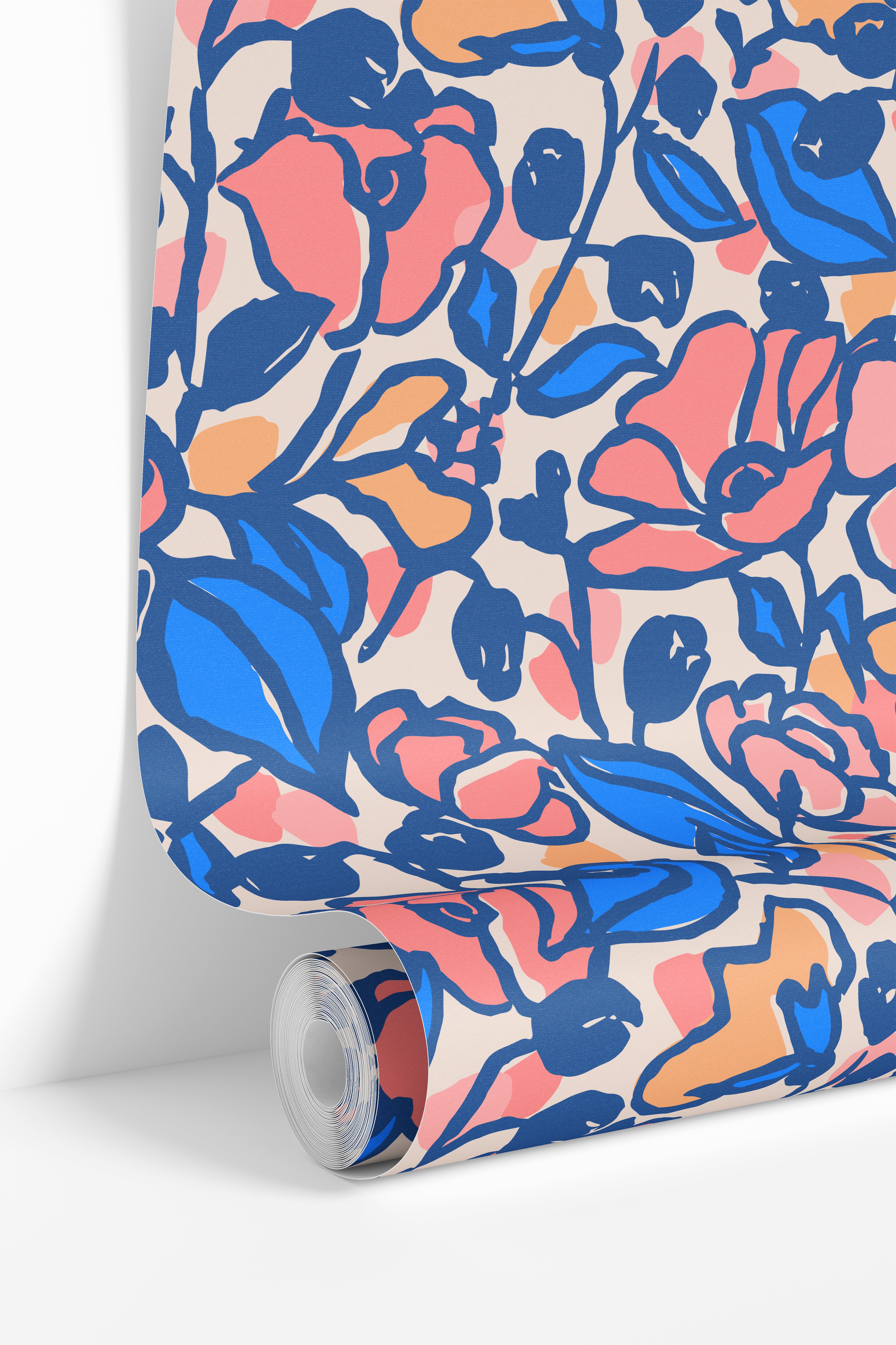 Roll view of colorful floral wallpaper with cobalt blue, blush pink, and peach botanical pattern design.