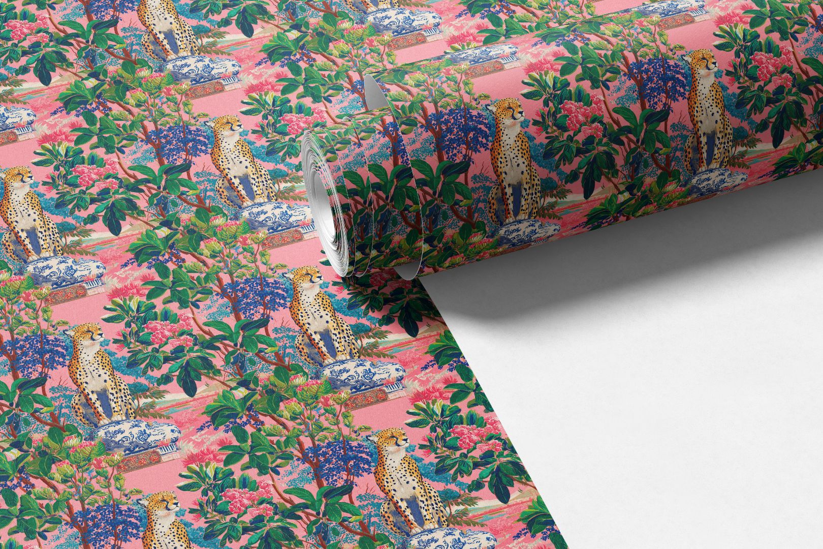 luxury porcelain cheetah contact paper roll featuring blush pink botanical garden pattern