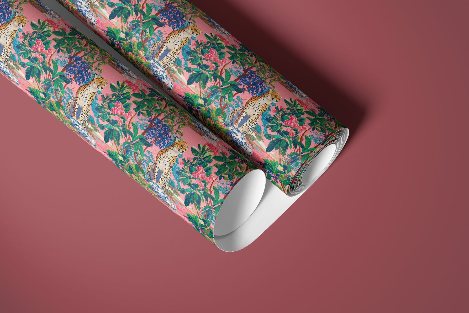 pink botanical cheetah contact paper roll with porcelain accents luxury animal floral design