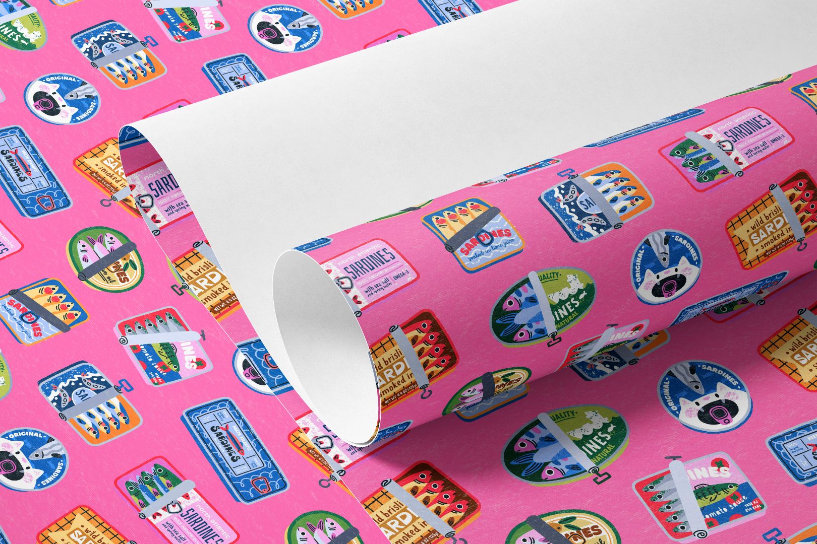 portside harbor sardines contact paper showing vibrant pink sardine label pattern