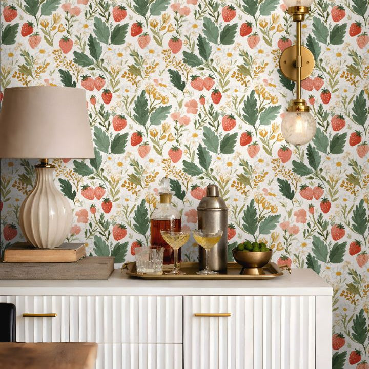 pressed berry grove floral wallpaper styled in warm cottage kitchen