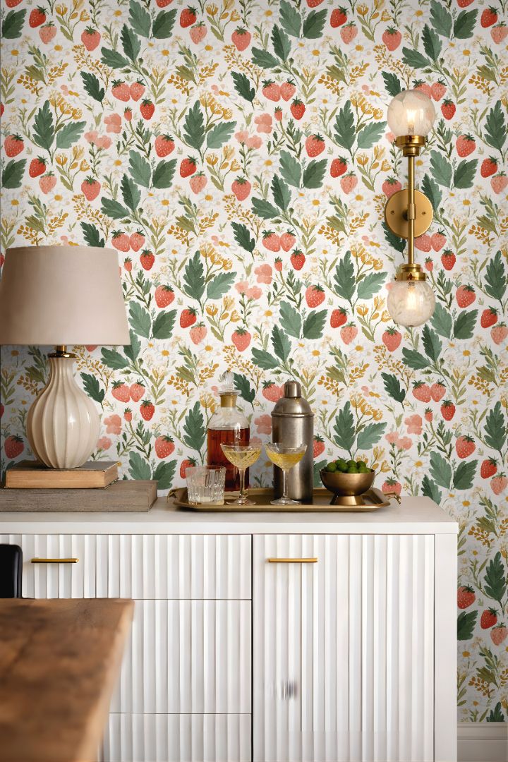 pressed berry grove floral wallpaper styled in warm cottage kitchen
