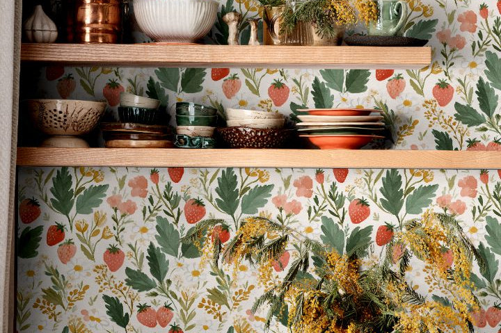 pressed berry grove strawberry botanical wallpaper in kitchen interior