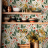 pressed berry grove strawberry botanical wallpaper in kitchen interior