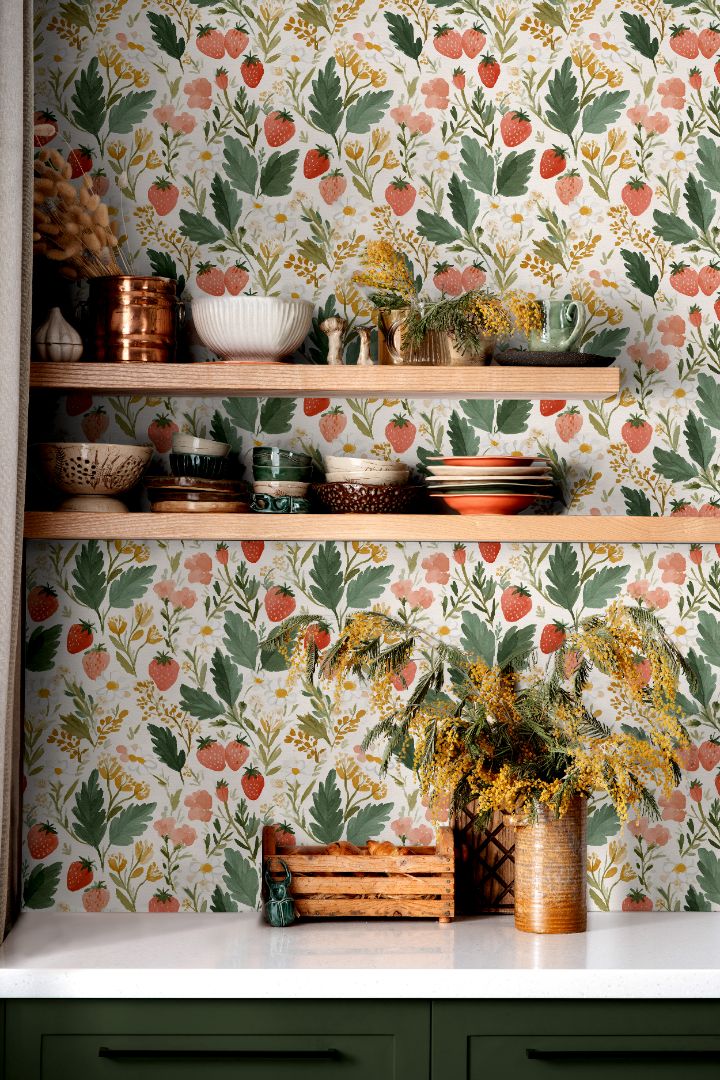 pressed berry grove strawberry botanical wallpaper in kitchen interior