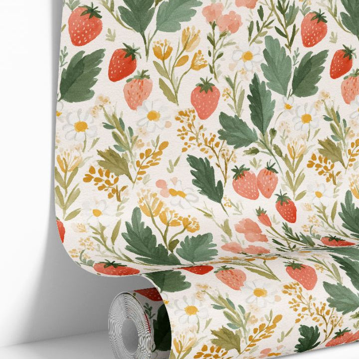 pressed berry grove wallpaper roll with hand painted strawberries and florals
