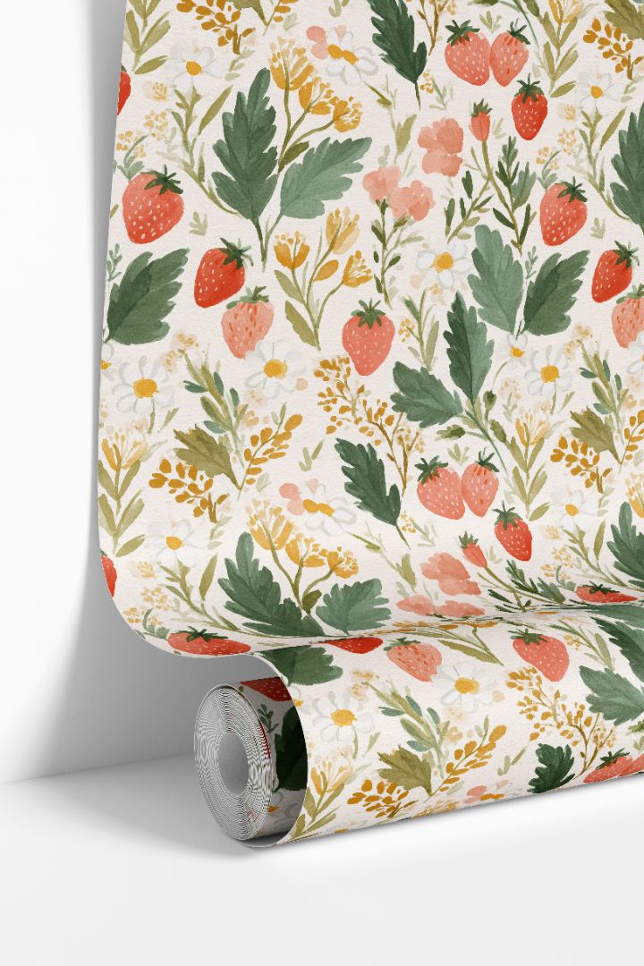 pressed berry grove wallpaper roll with hand painted strawberries and florals