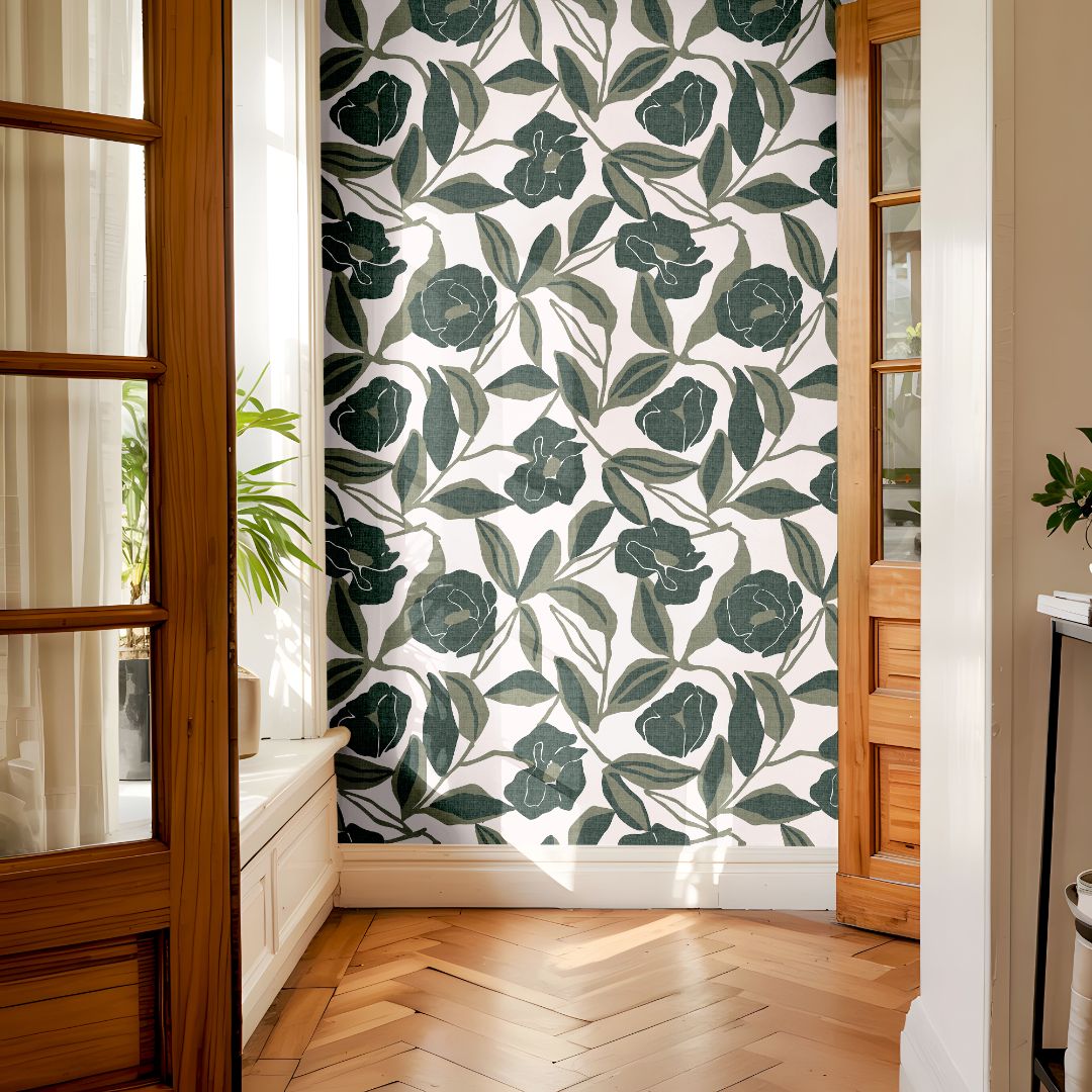 Botanical wallpaper installed in a bright interior featuring layered green florals