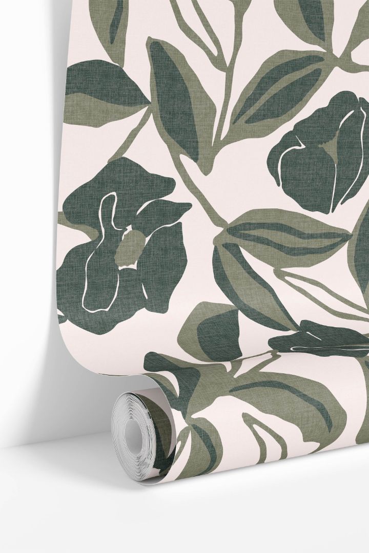 Wallpaper roll of Pressed Botanical showing seamless green floral pattern