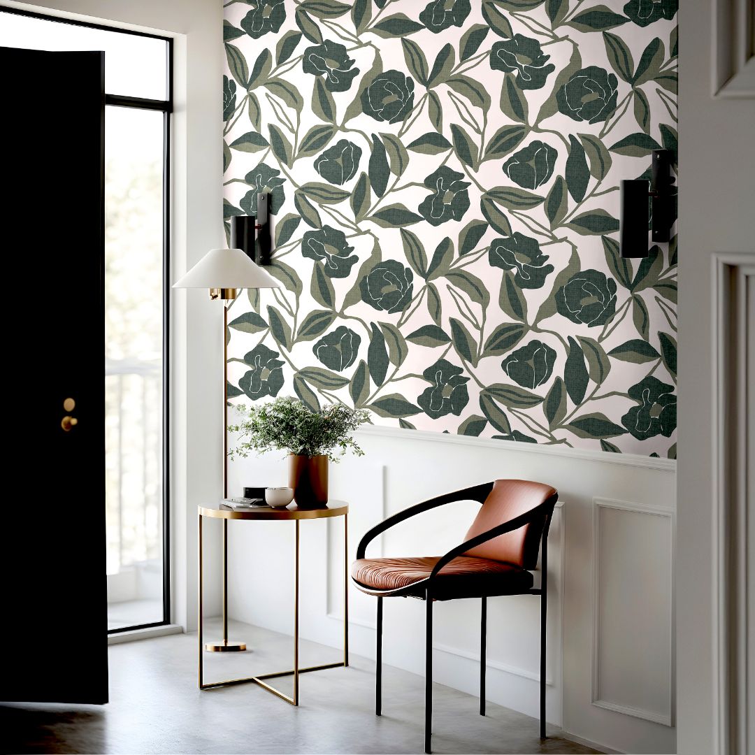 Organic botanical wallpaper with pressed leaf-inspired design in a styled room