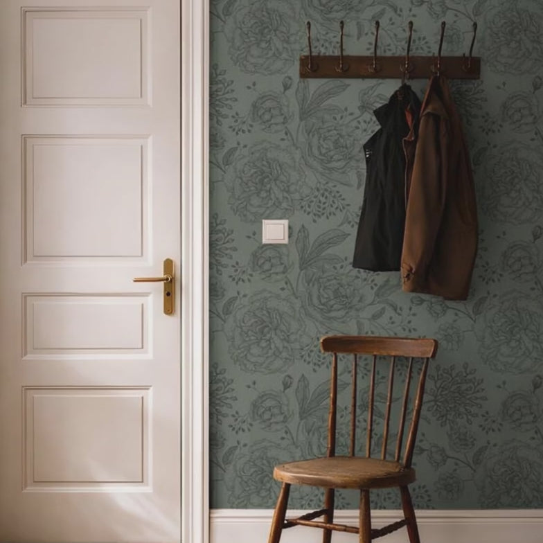 Video showcasing Wrenford Bloom floral wallpaper with soft botanical detailing in a warm neutral interior styled with layered natural textures and modern cottage decor.