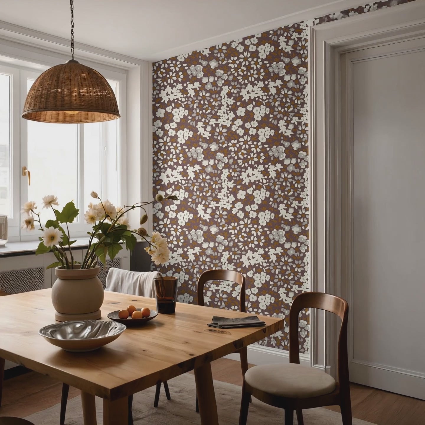 zoom in of earthy mauve floral wallpaper with calico inspired botanical pattern