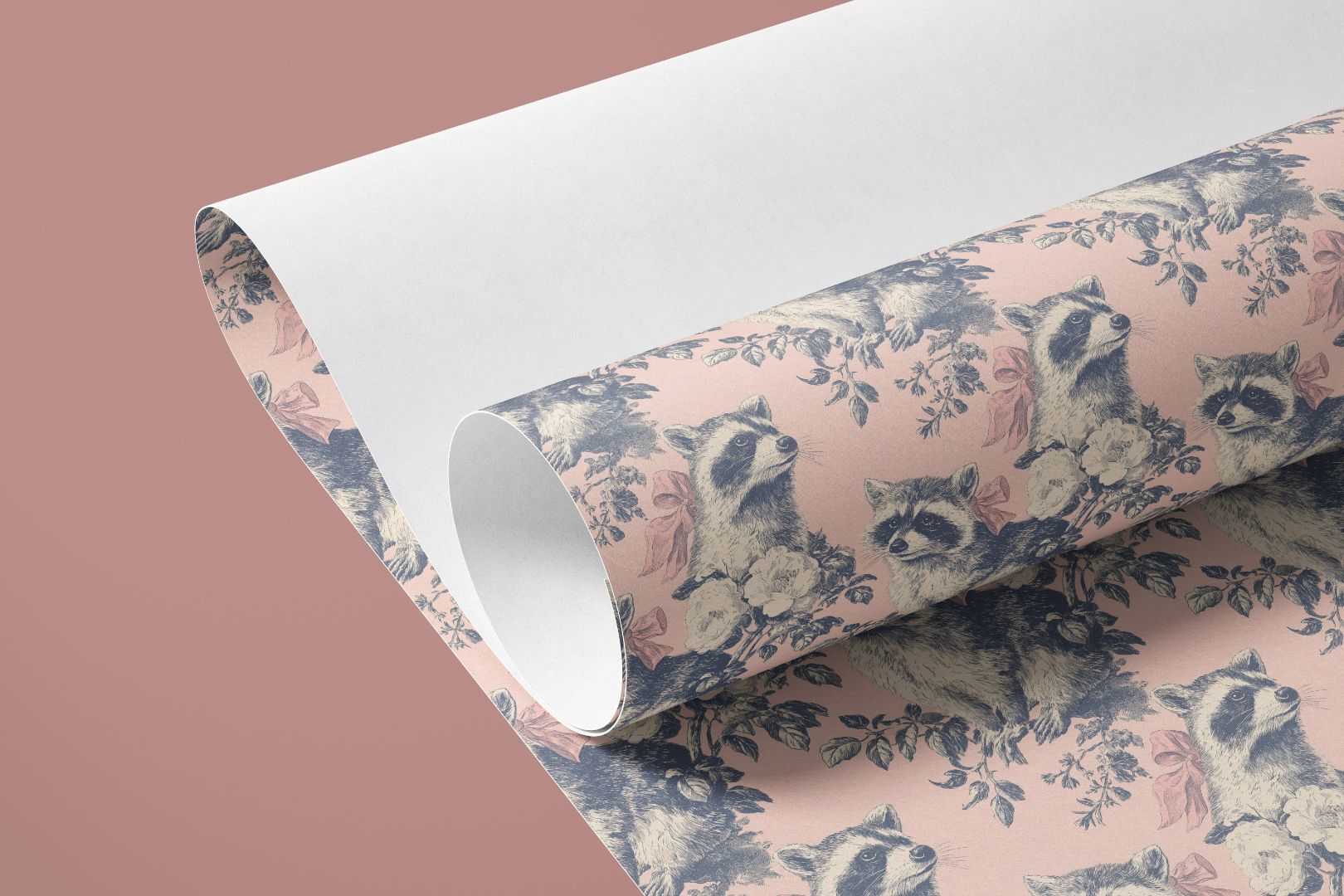 blush raccoon toile contact paper installed on decorative surface