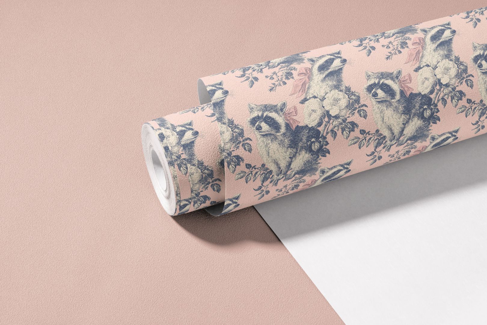 raccoon rose toile contact paper showing vintage raccoon floral pattern