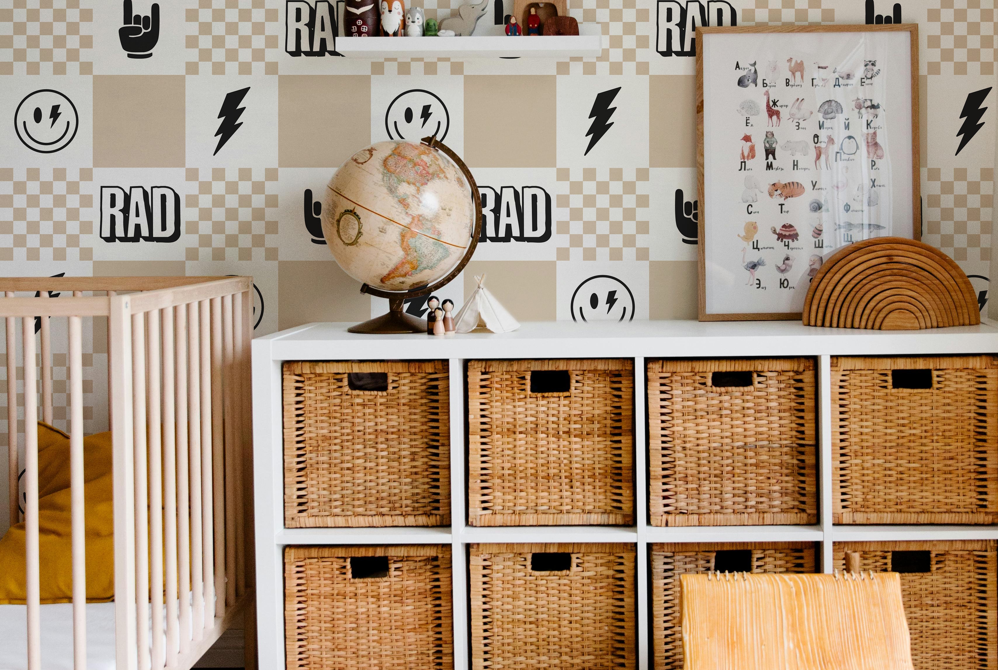 kids checker wallpaper with icons in tan and black modern bedroom setting