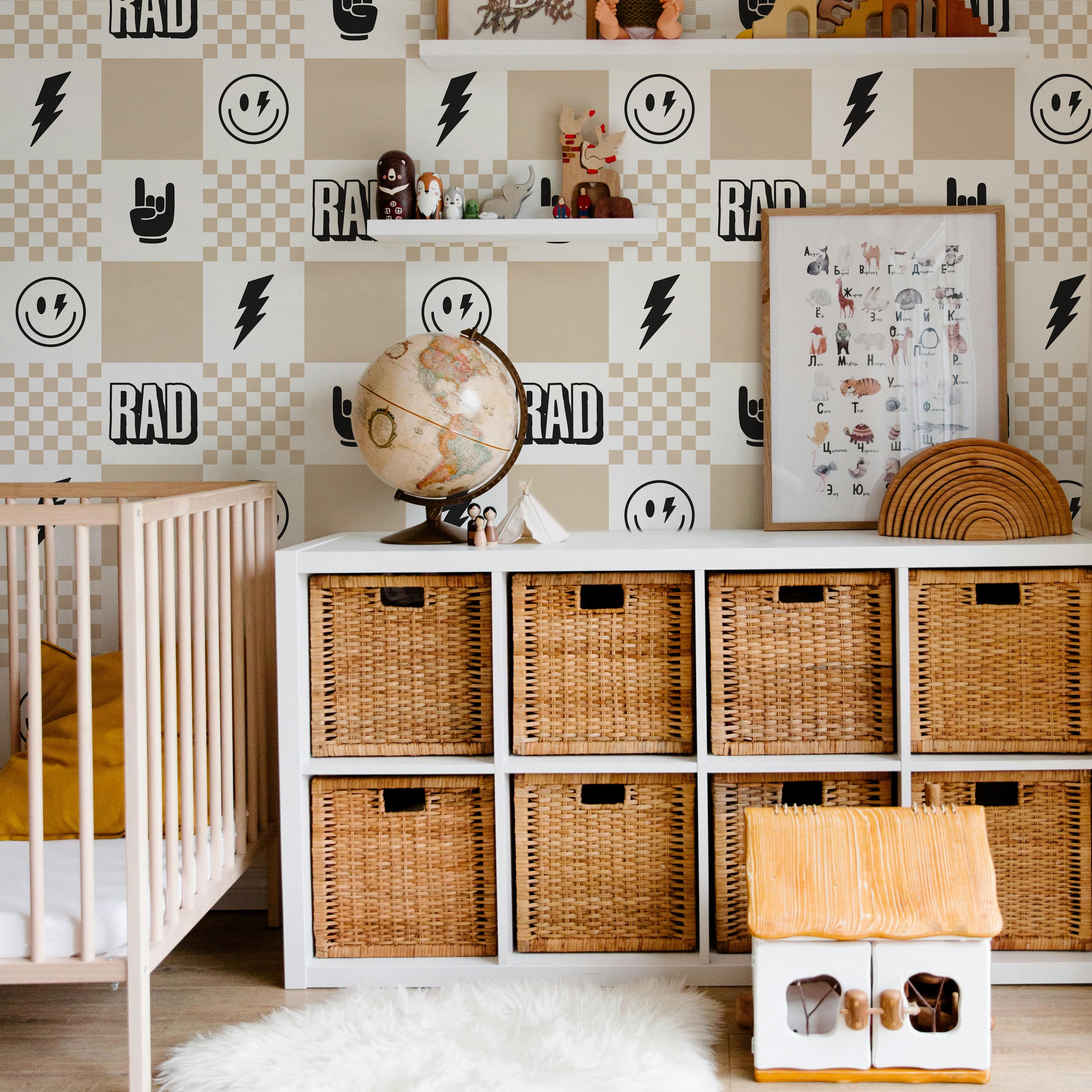 kids checker wallpaper with icons in tan and black modern bedroom setting