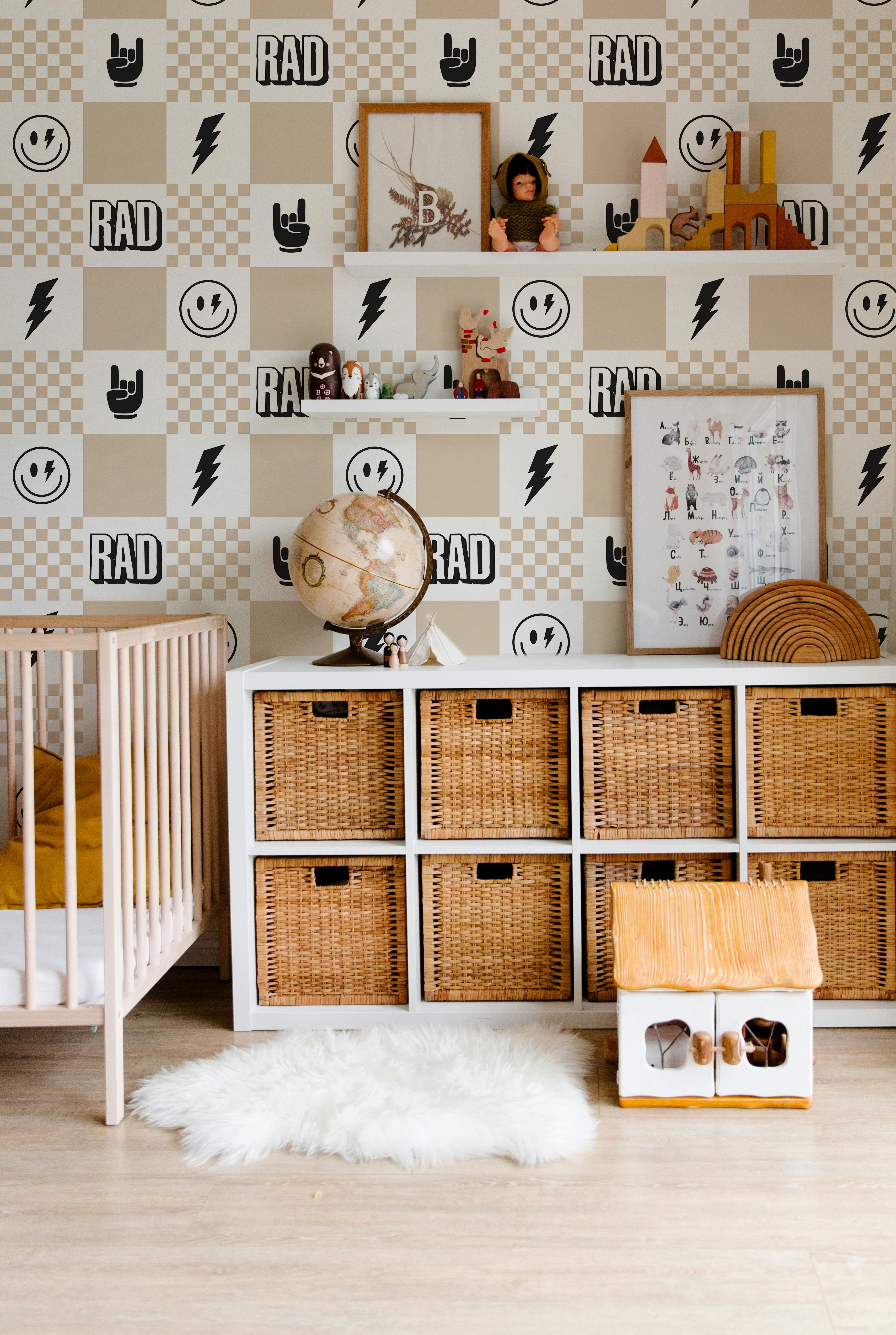 kids checker wallpaper with icons in tan and black modern bedroom setting