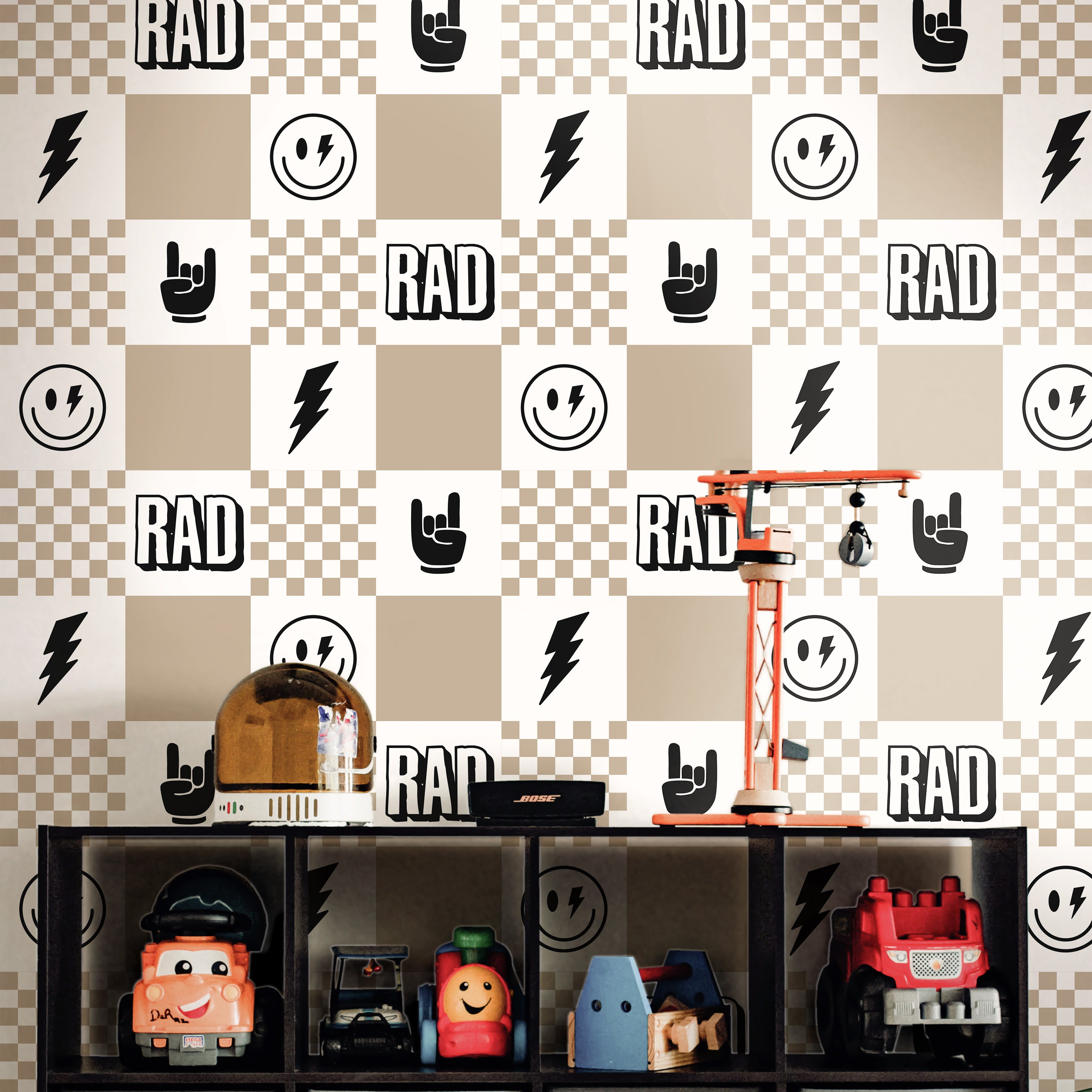 modern kids wallpaper with smiley faces and lightning bolt icons in playroom