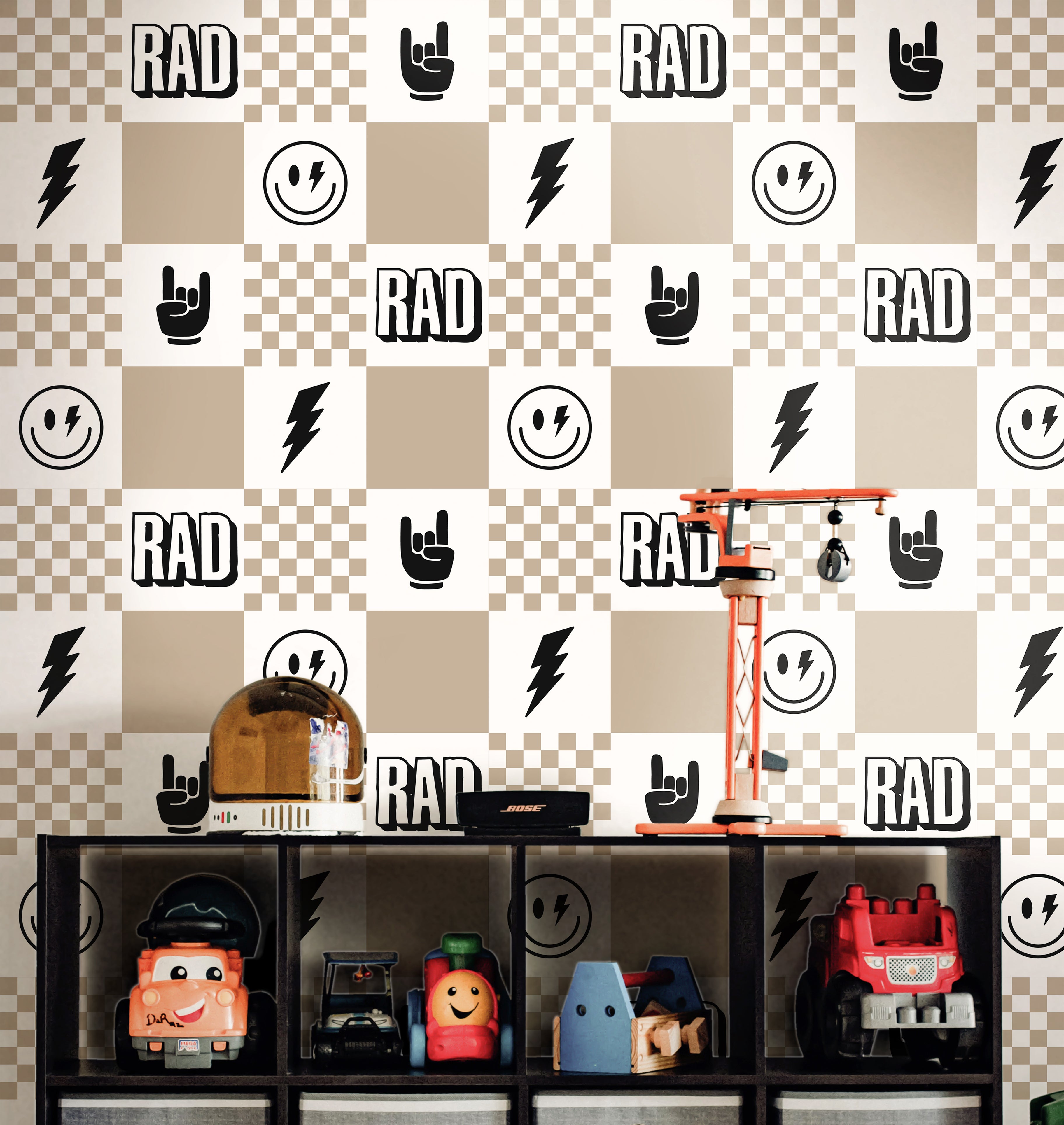 modern kids wallpaper with smiley faces and lightning bolt icons in playroom