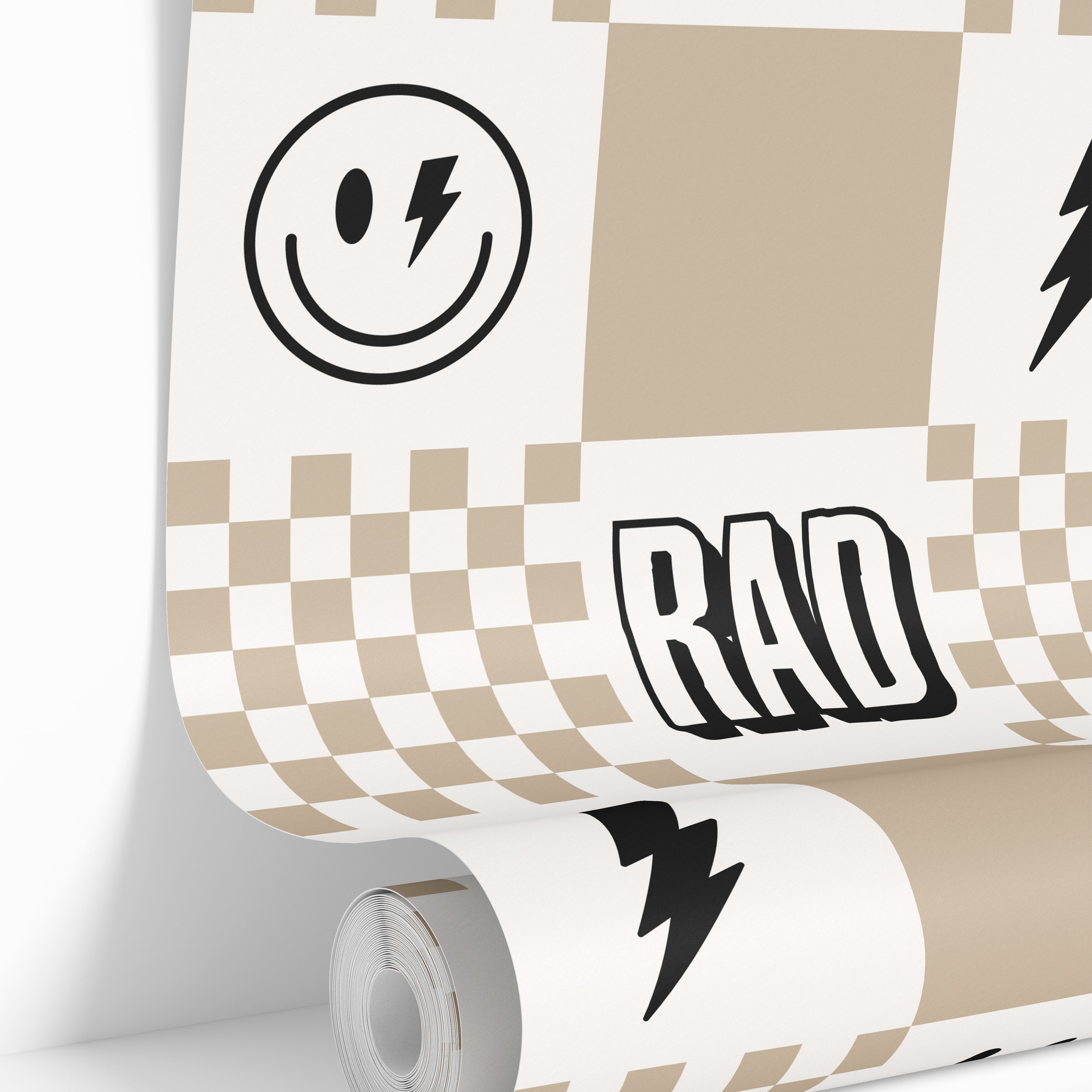 checker wallpaper roll with tan and black icon pattern detail