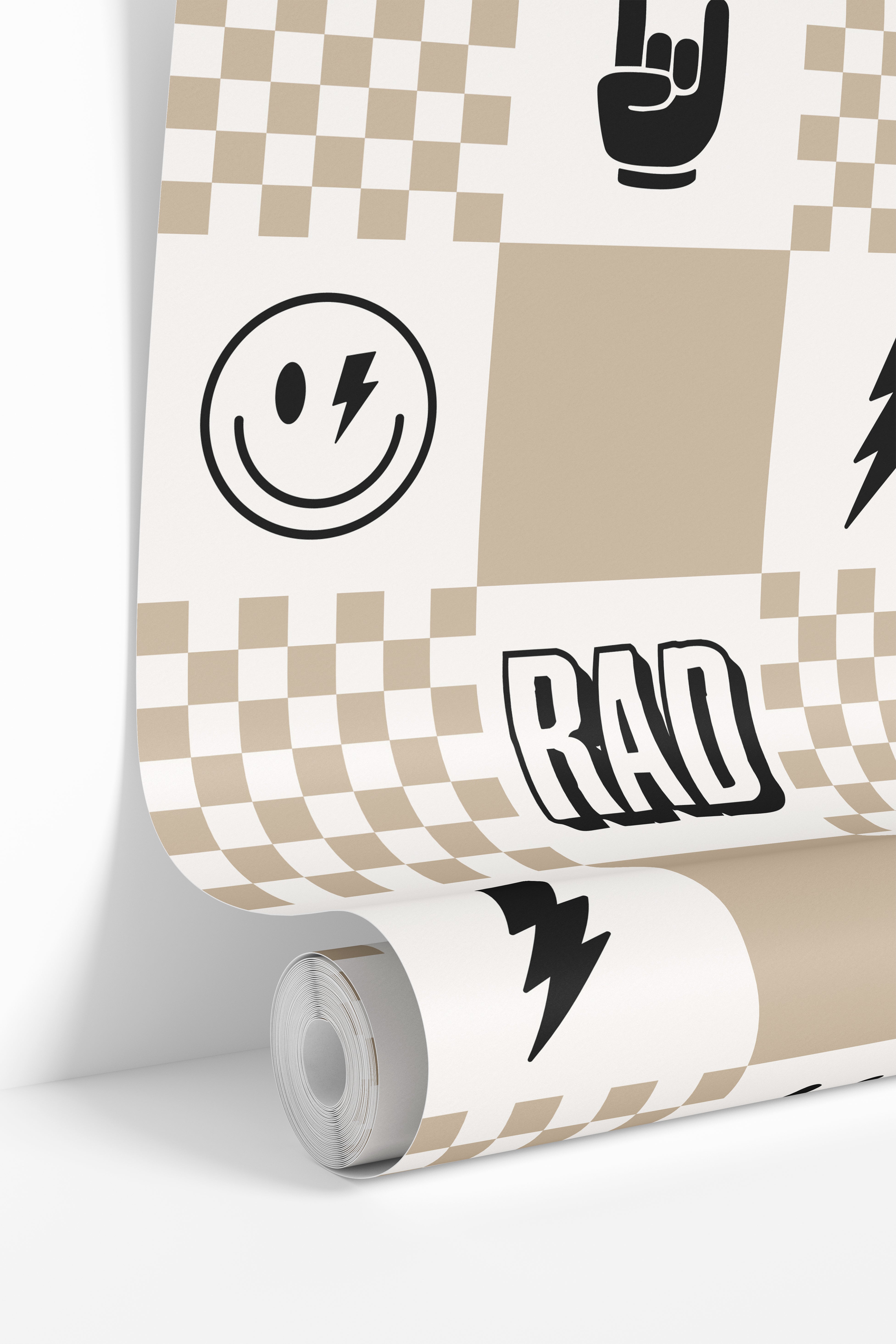checker wallpaper roll with tan and black icon pattern detail