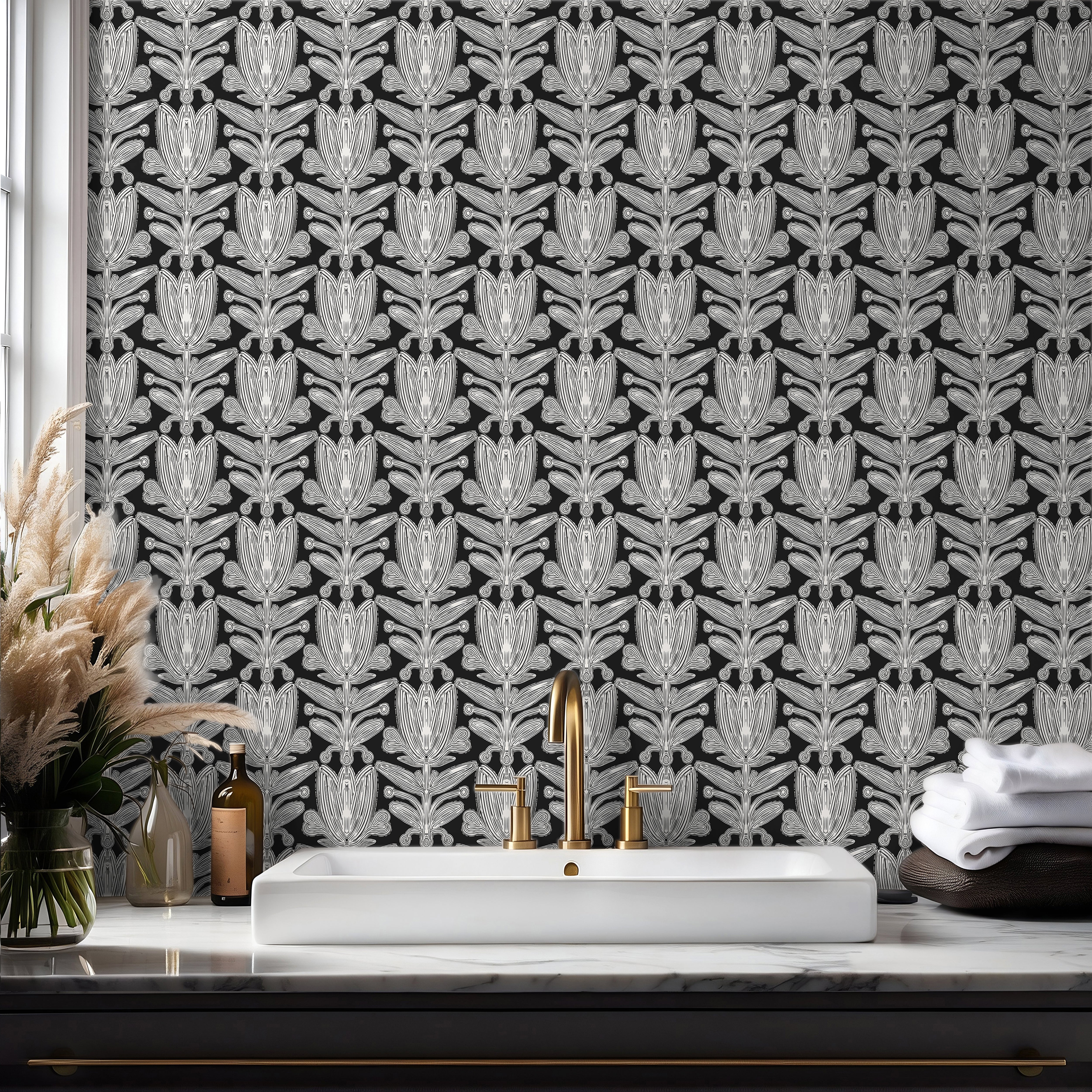 raven florette wallpaper in bathroom with Gold finishes and modern styling 