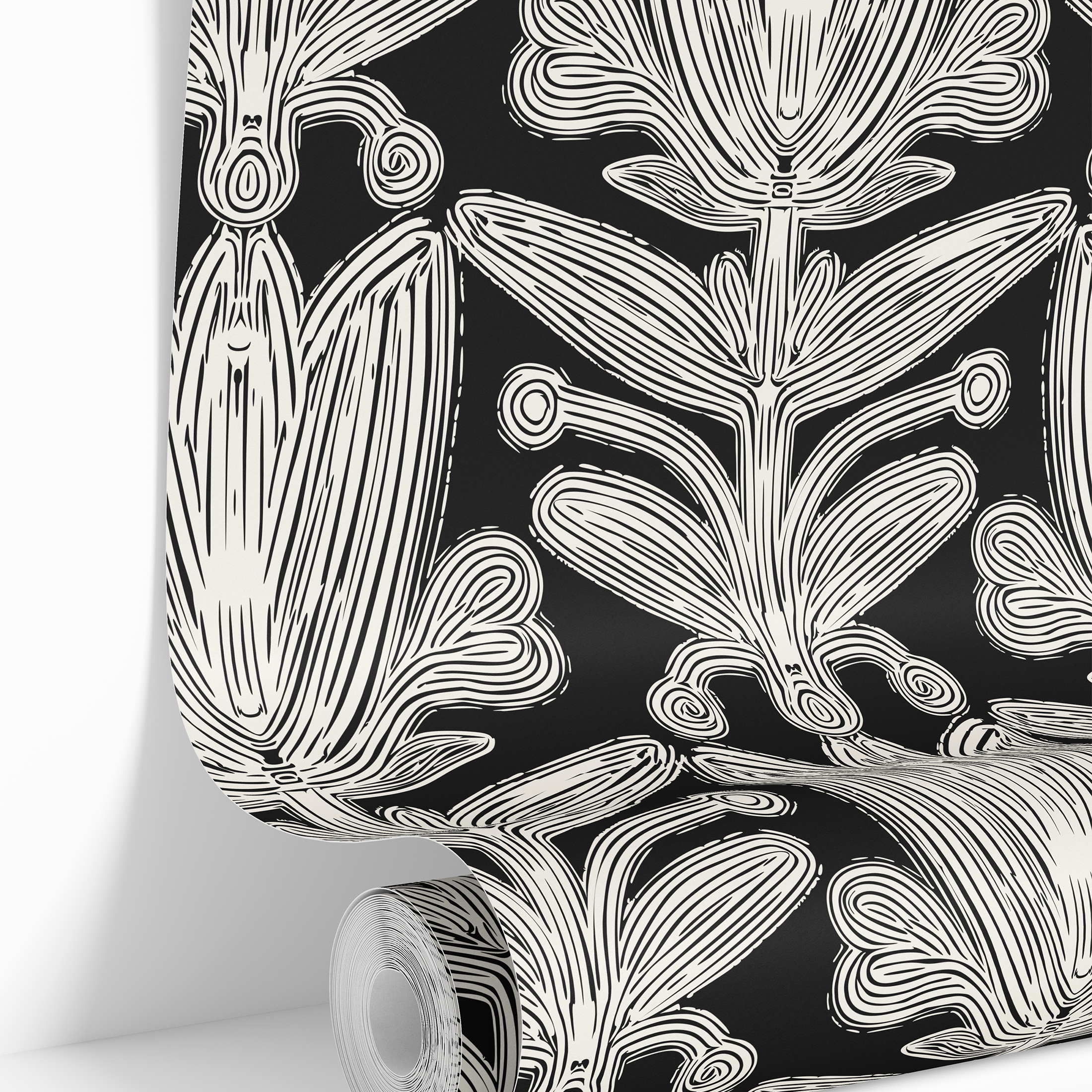 roll of raven florette black wallpaper with ivory tulip motifs and engraved line detail