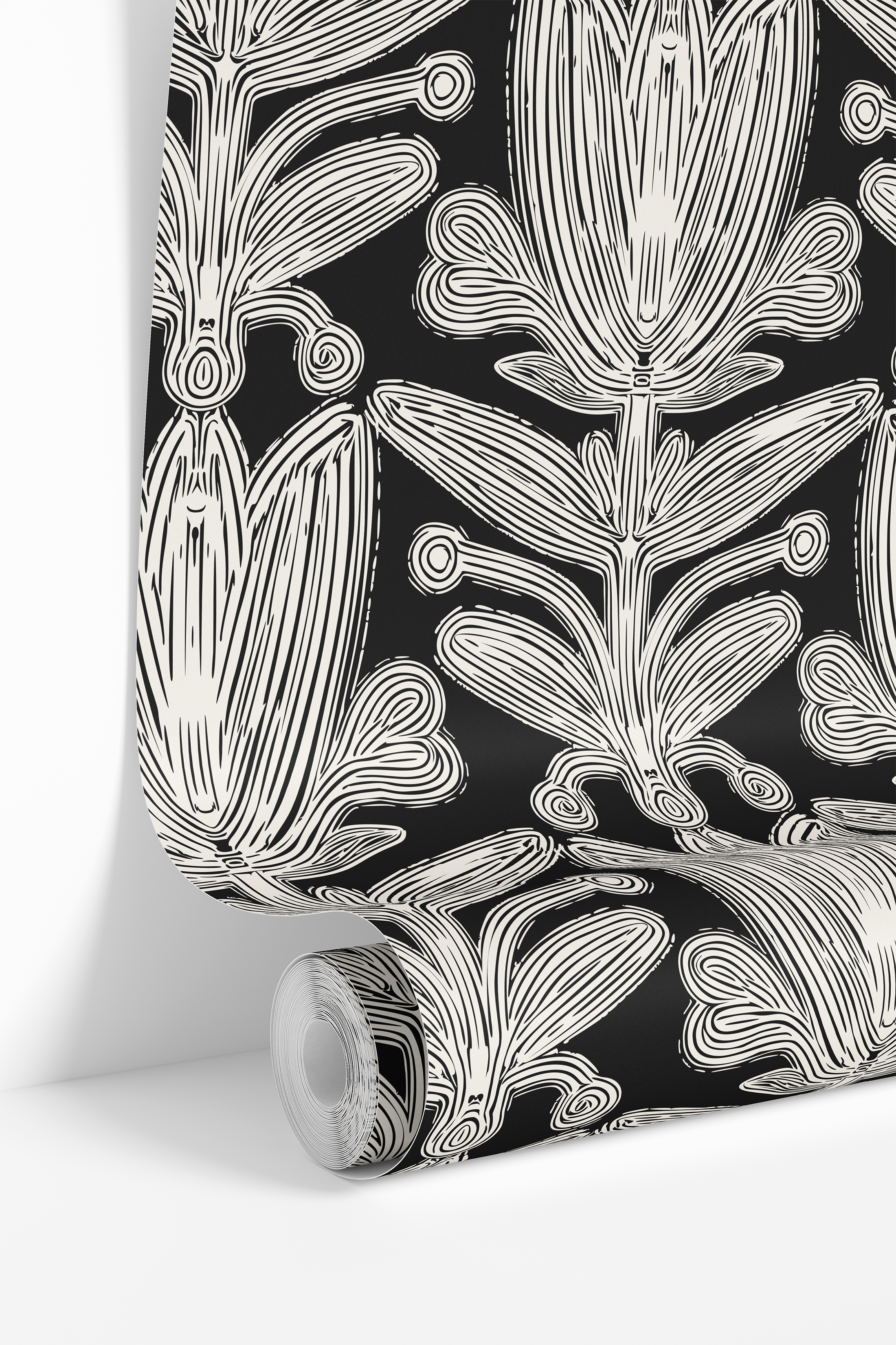 roll of raven florette black wallpaper with ivory tulip motifs and engraved line detail