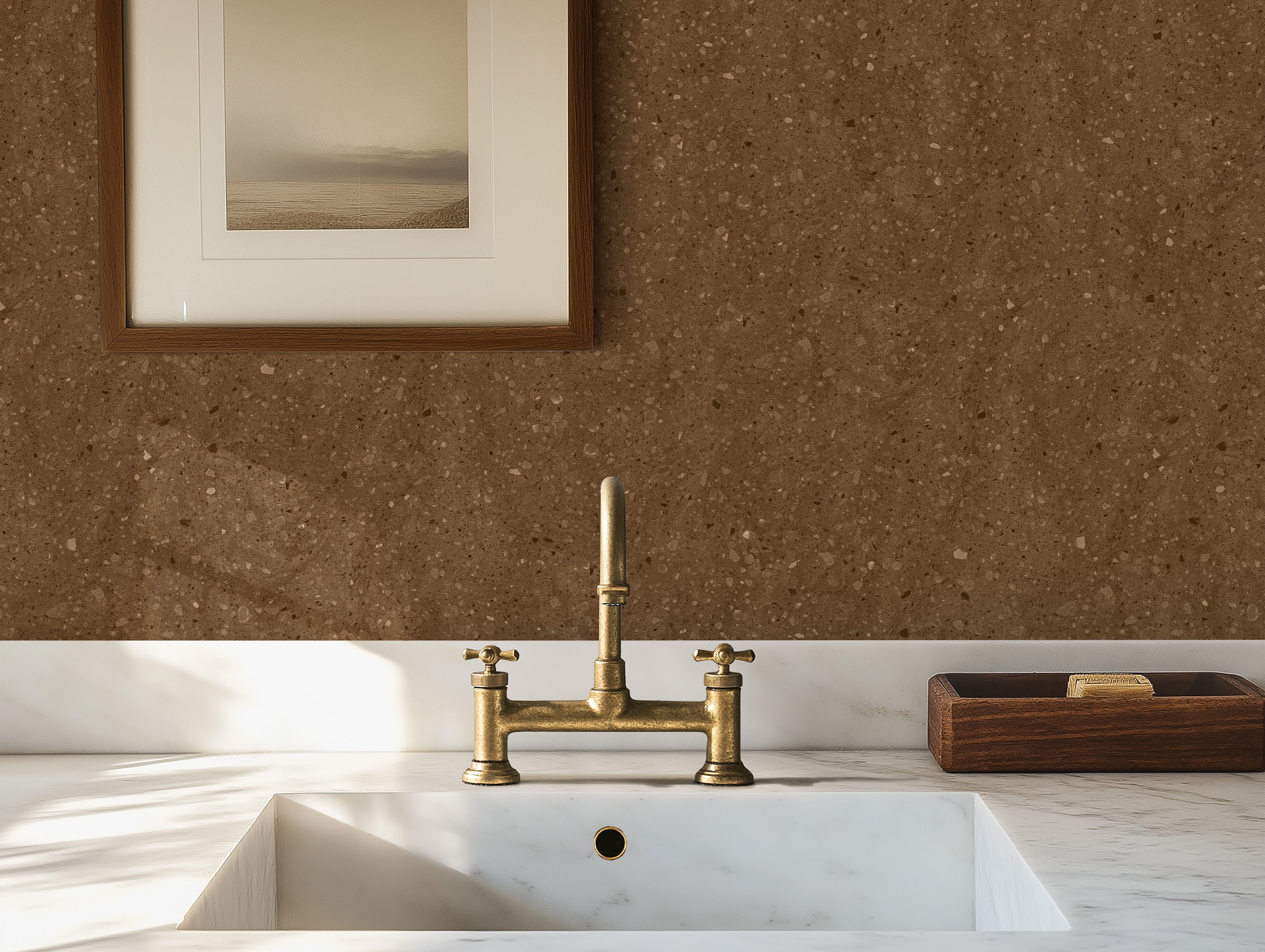 modern kitchen with brown terrazzo wallpaper featuring warm cocoa tones and natural texture