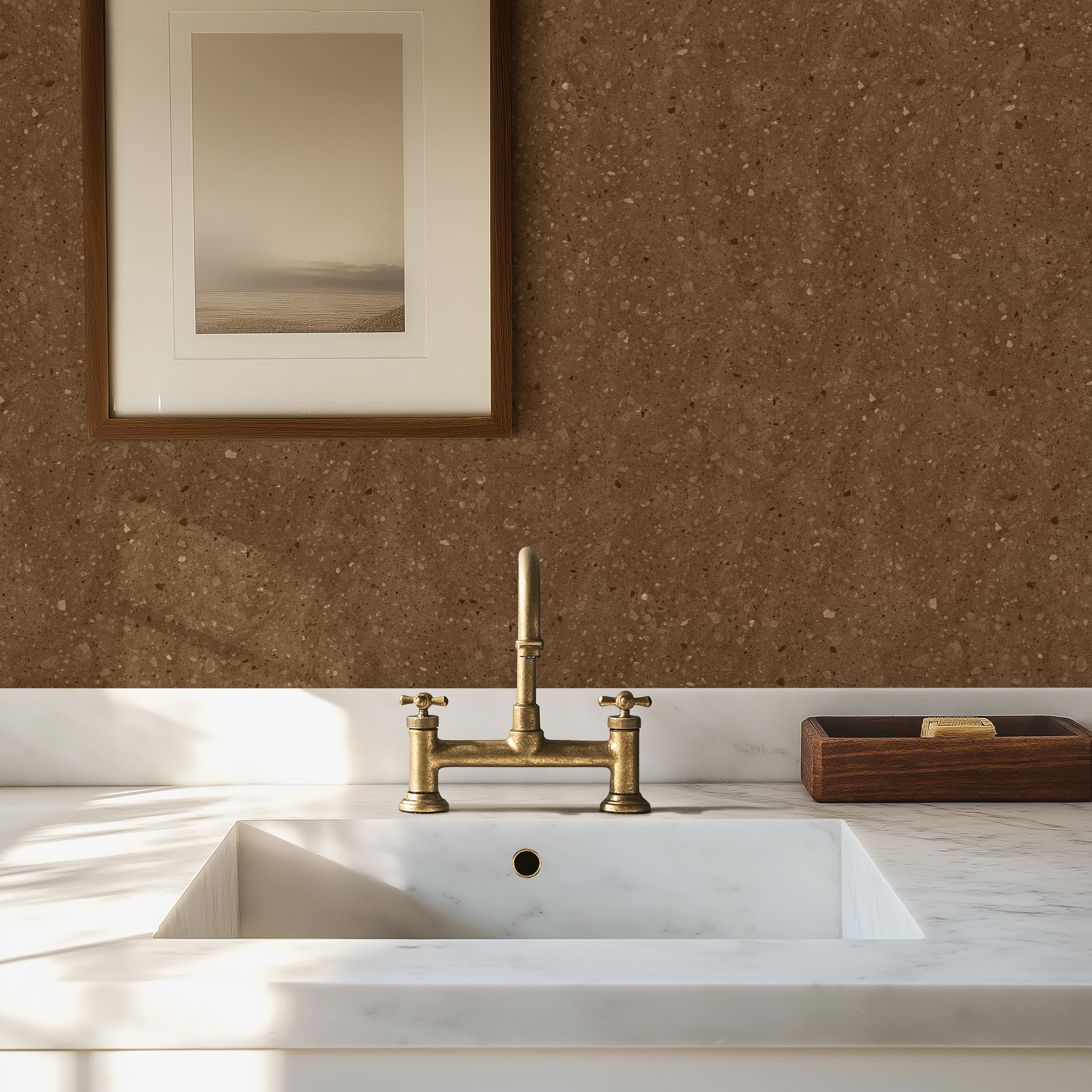 modern kitchen with brown terrazzo wallpaper featuring warm cocoa tones and natural texture