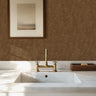 modern kitchen with brown terrazzo wallpaper featuring warm cocoa tones and natural texture