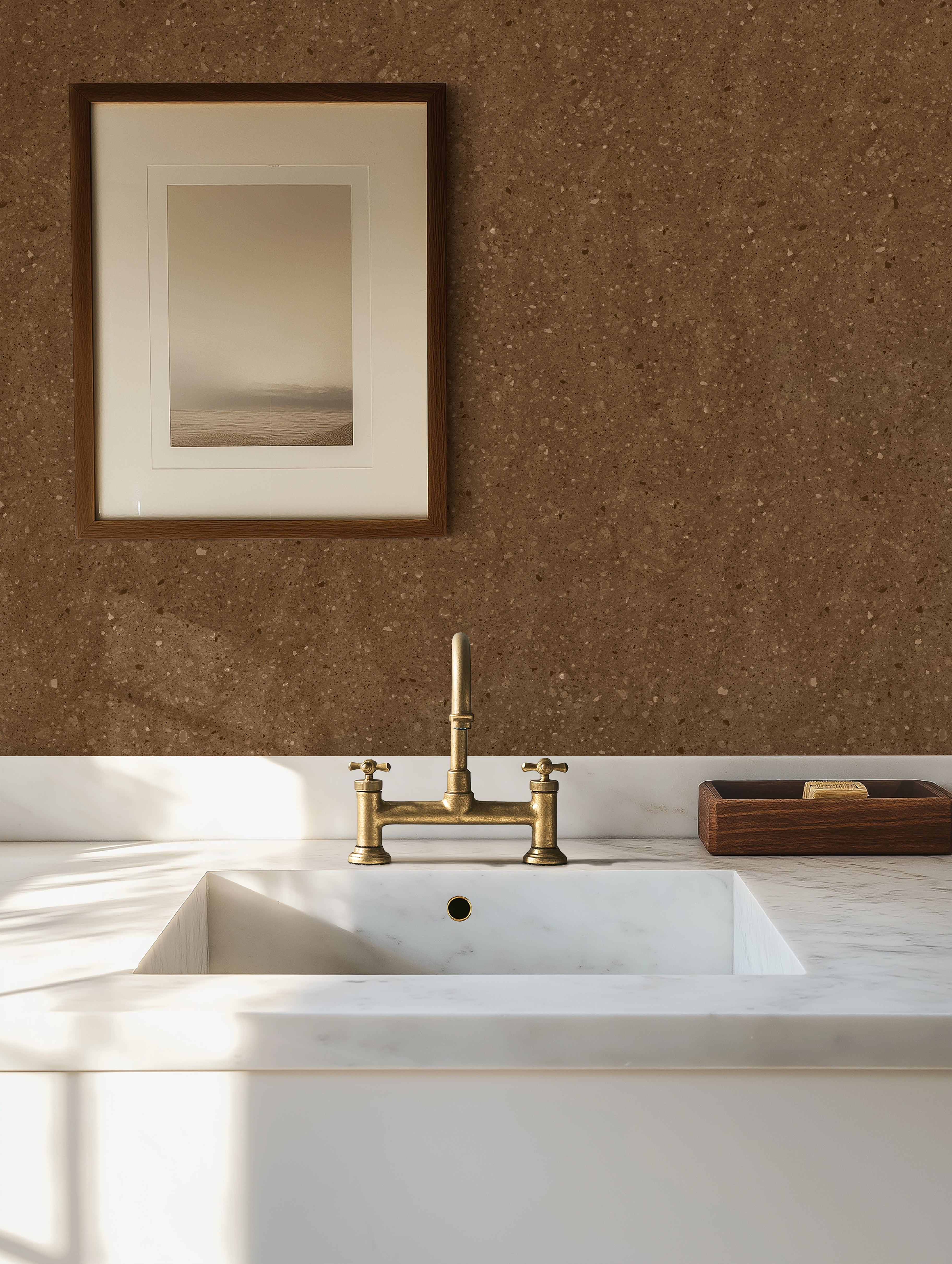 modern kitchen with brown terrazzo wallpaper featuring warm cocoa tones and natural texture