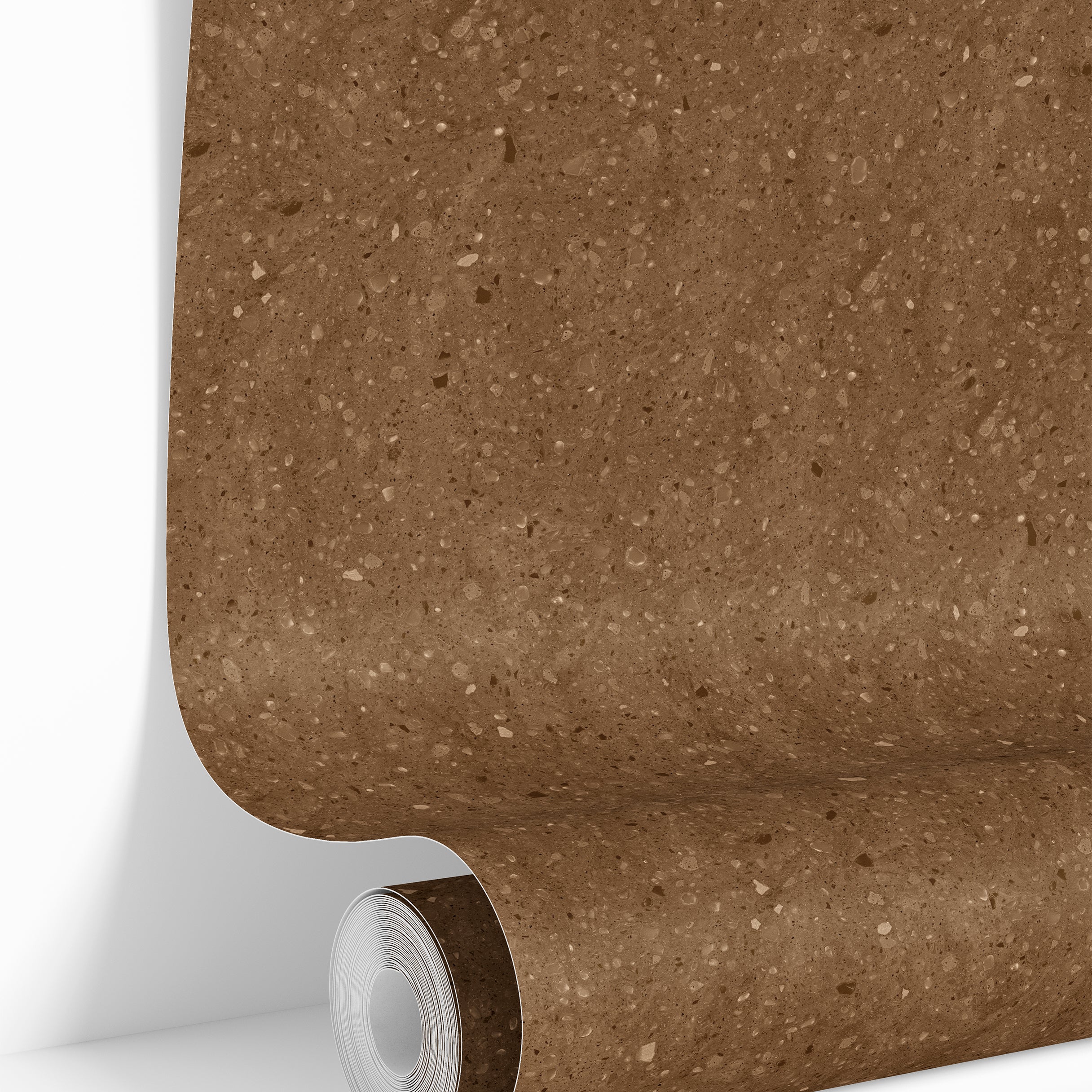 Raw Cocoa Terrazzo wallpaper roll displaying brown stone texture pattern