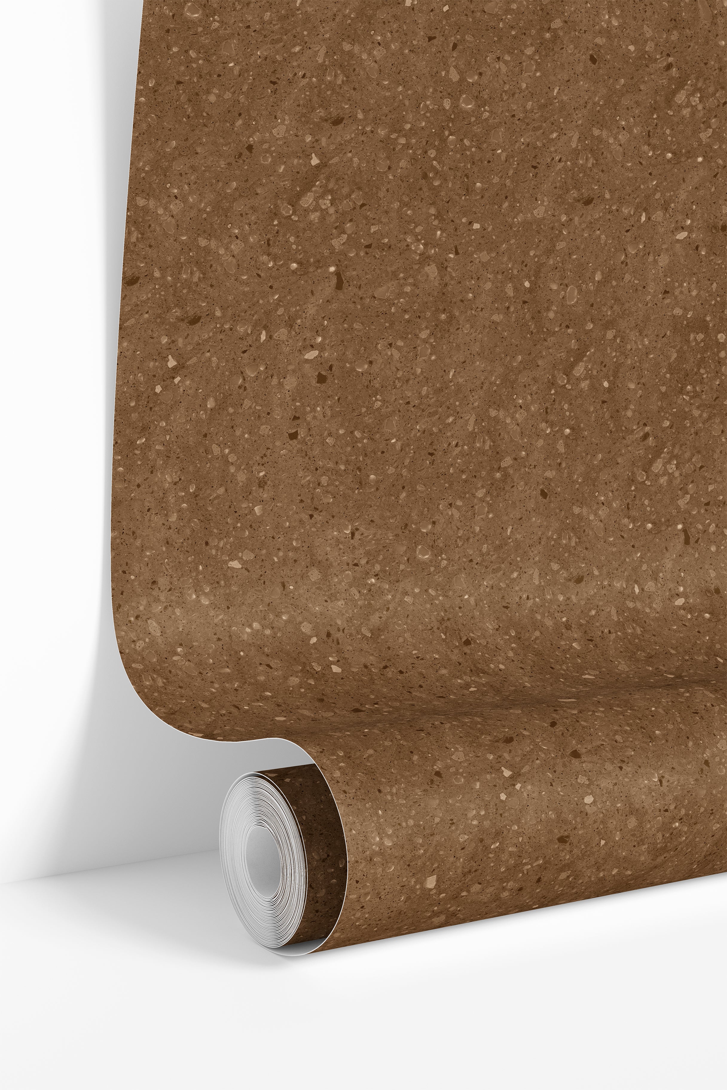 Raw Cocoa Terrazzo wallpaper roll displaying brown stone texture pattern