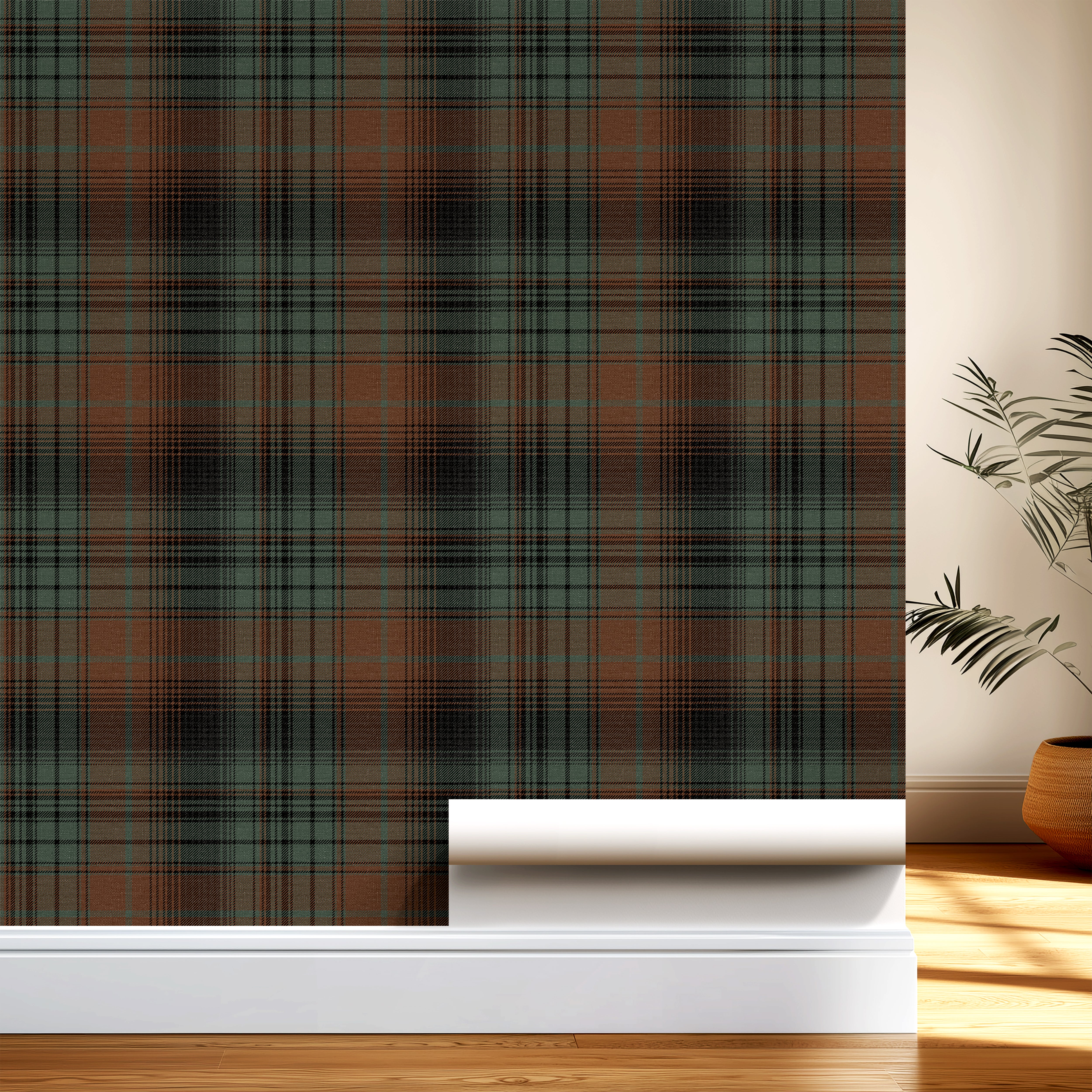  roll being applied of redfern plaid wallpaper with forest green charcoal and russet tartan lines
