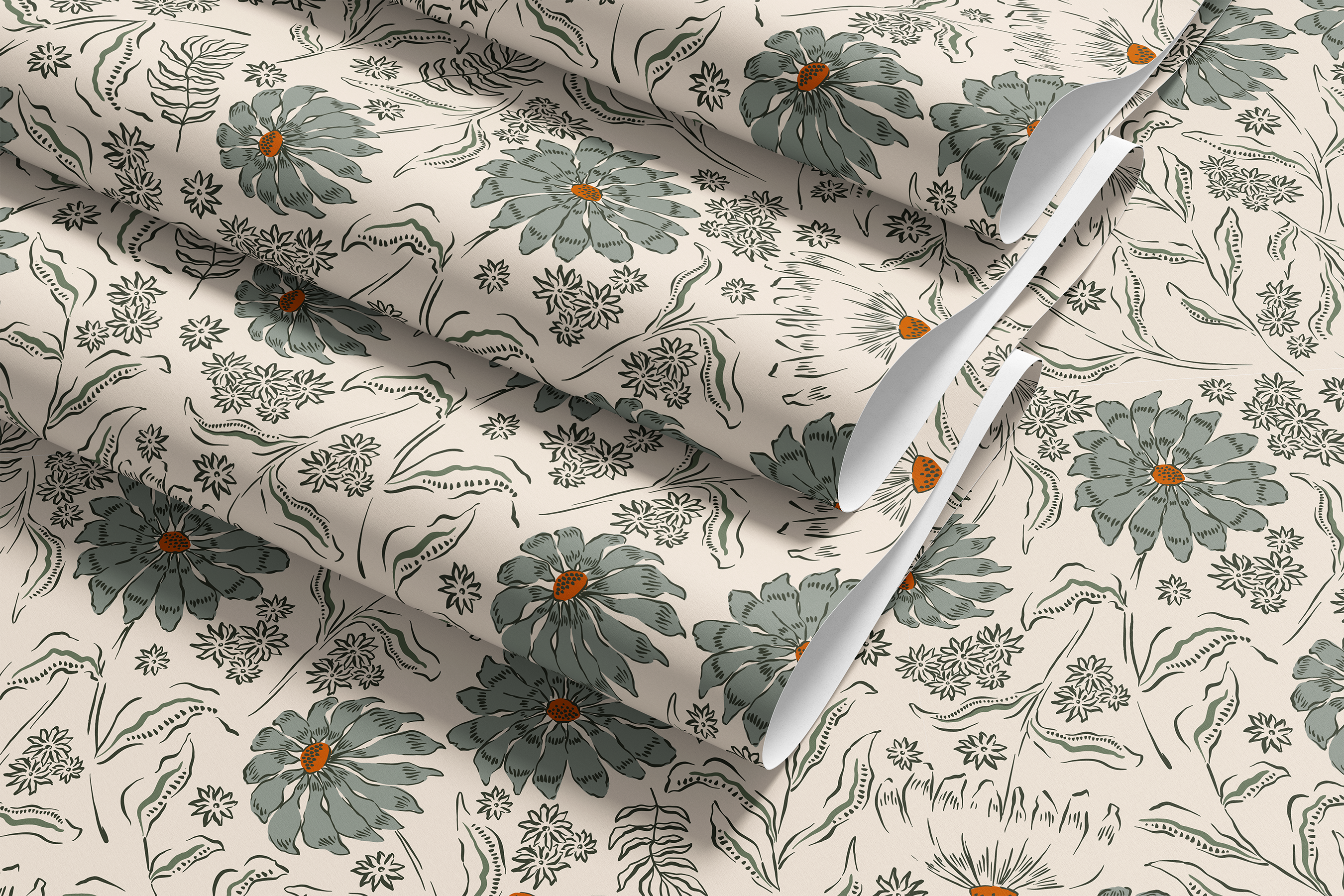 sage green floral contact paper pattern on cream 1961

