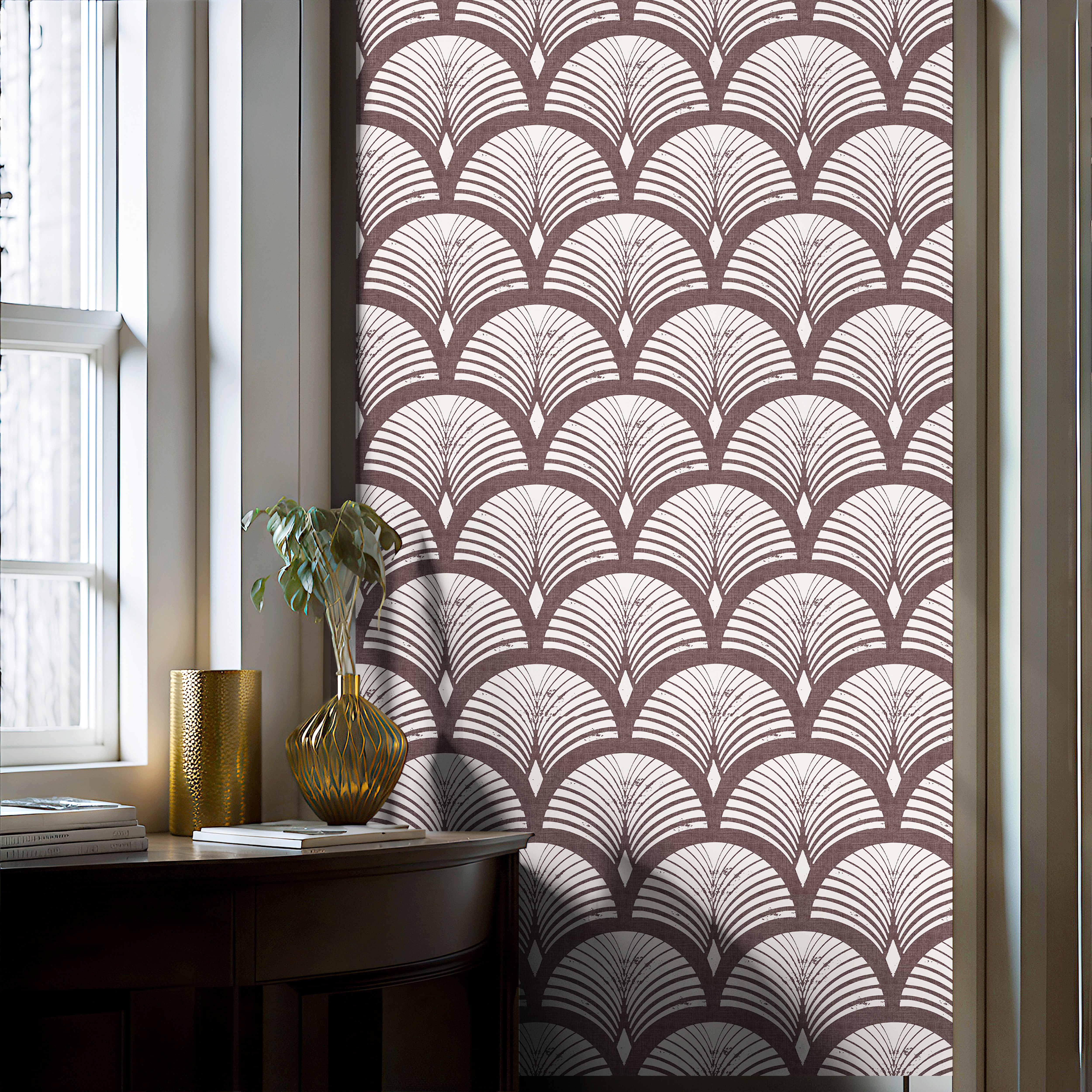 view of reservecroft burgundy wallpaper with warm ivory fan arches and distressed lines