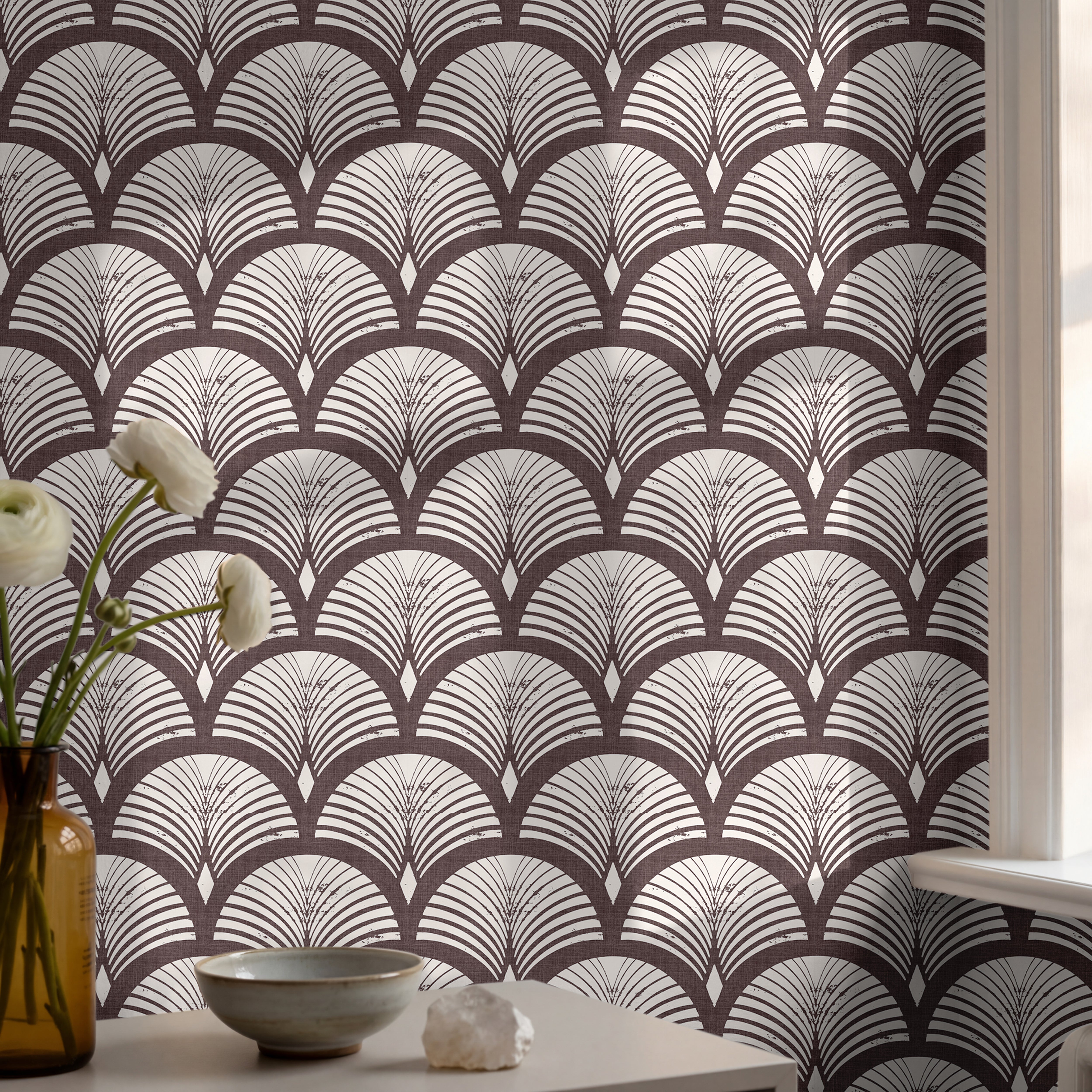  reservecroft wallpaper with burgundy background and ivory arches in dinning nook