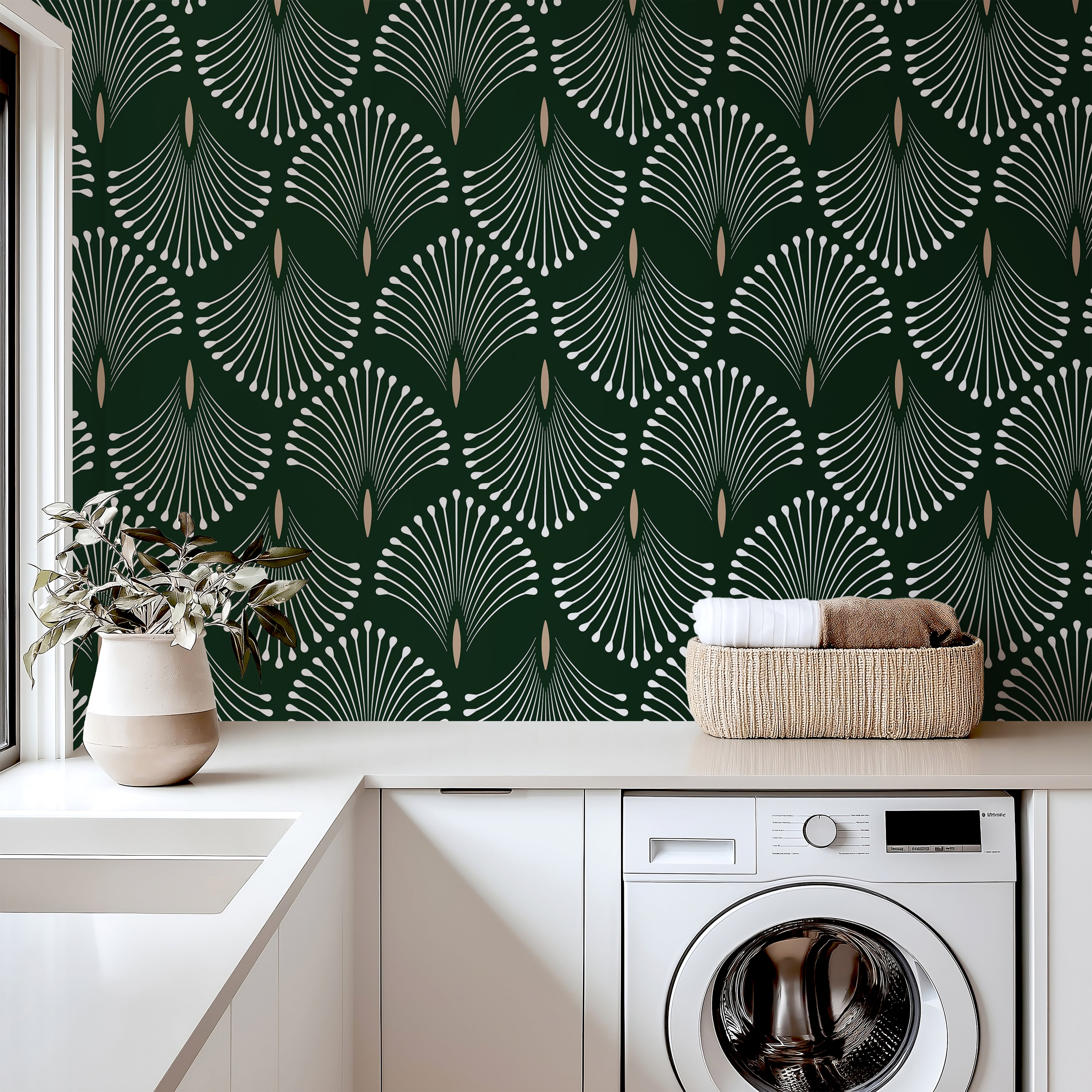 art deco fan wallpaper on deep green background 2035

