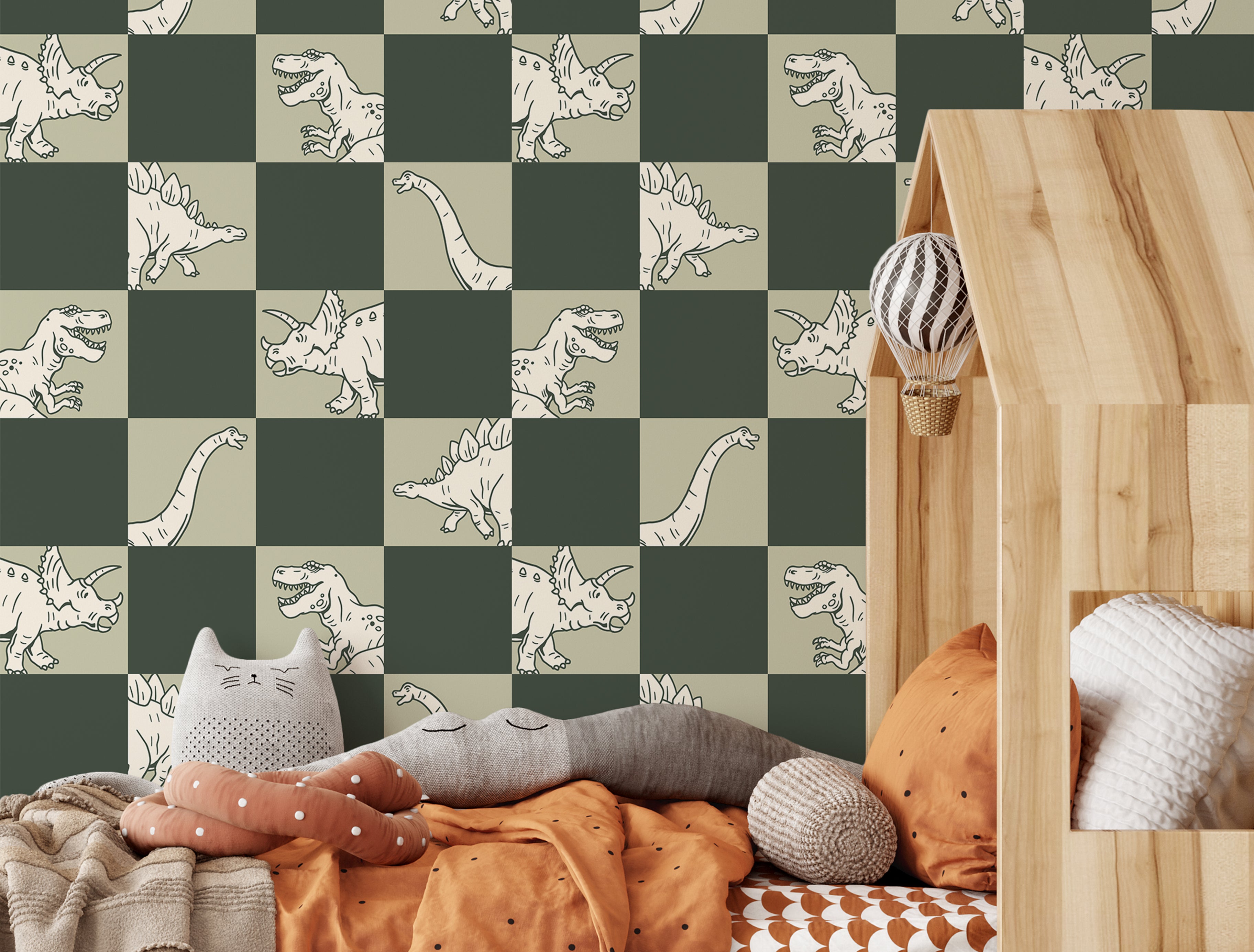  kids dinosaur wallpaper with checker pattern in bedroom setting